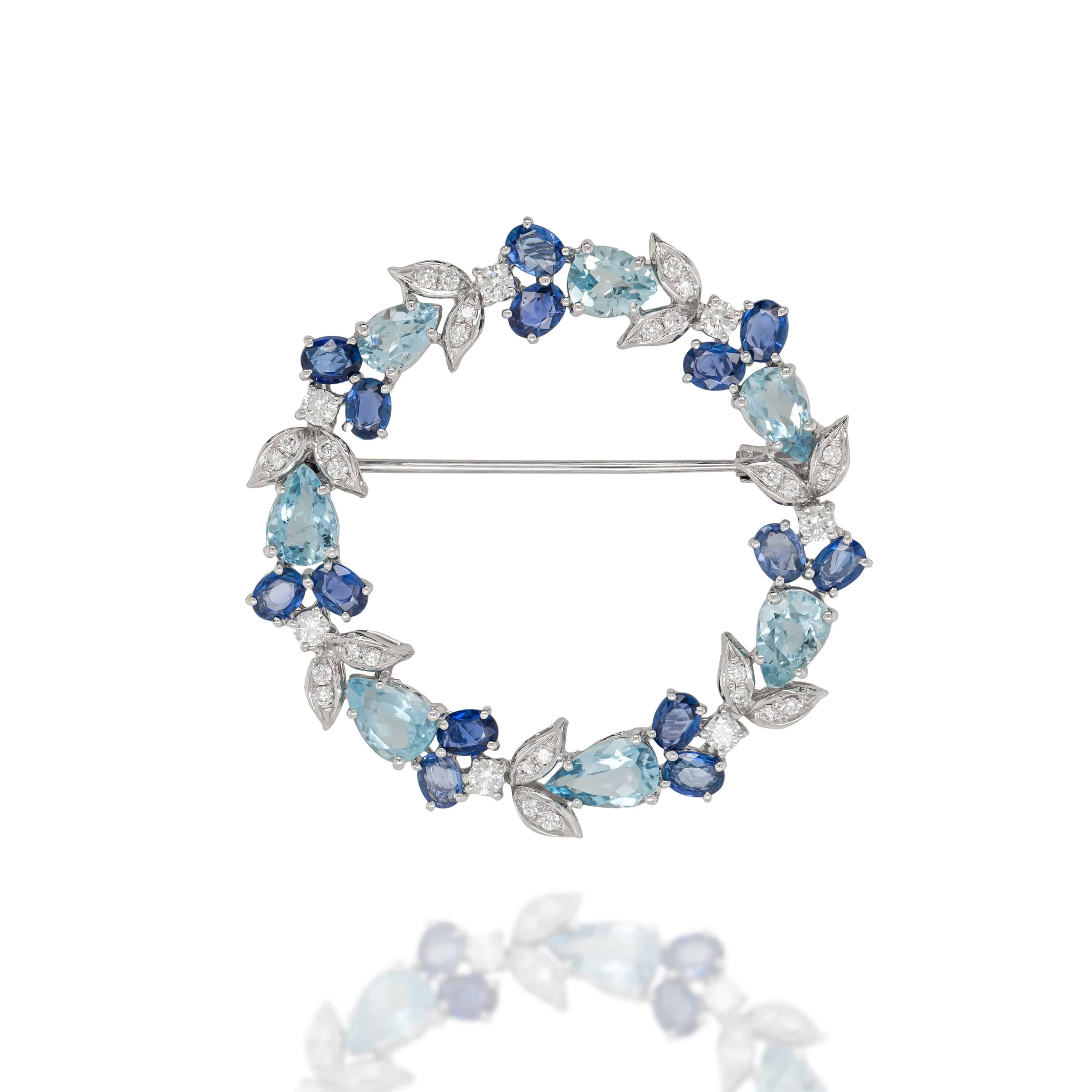 Blue Sapphire & Aquamarine Wreath Brooch - K.S. Sze & Sons