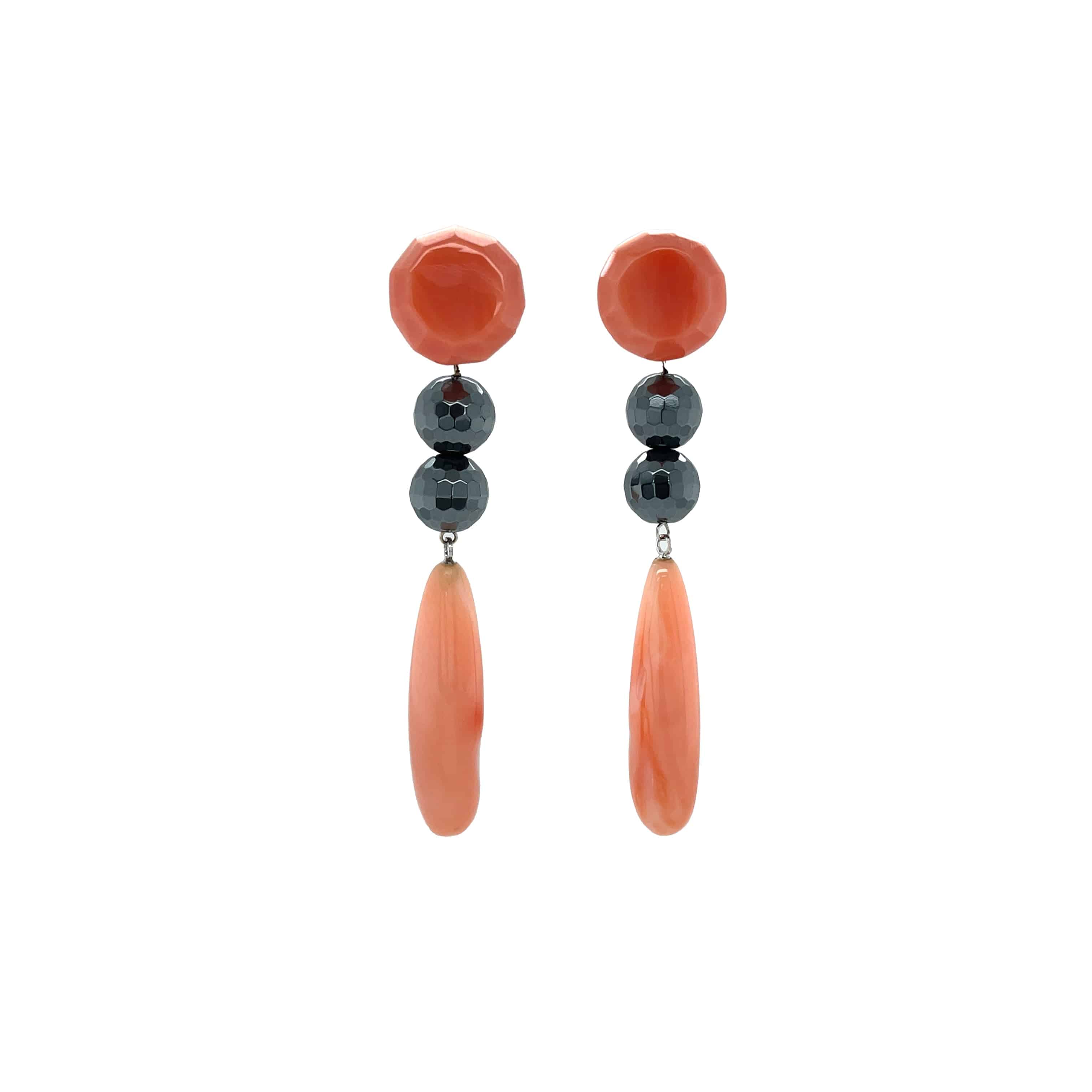 Coral & Hematite Drop Earrings - K.S. Sze & Sons