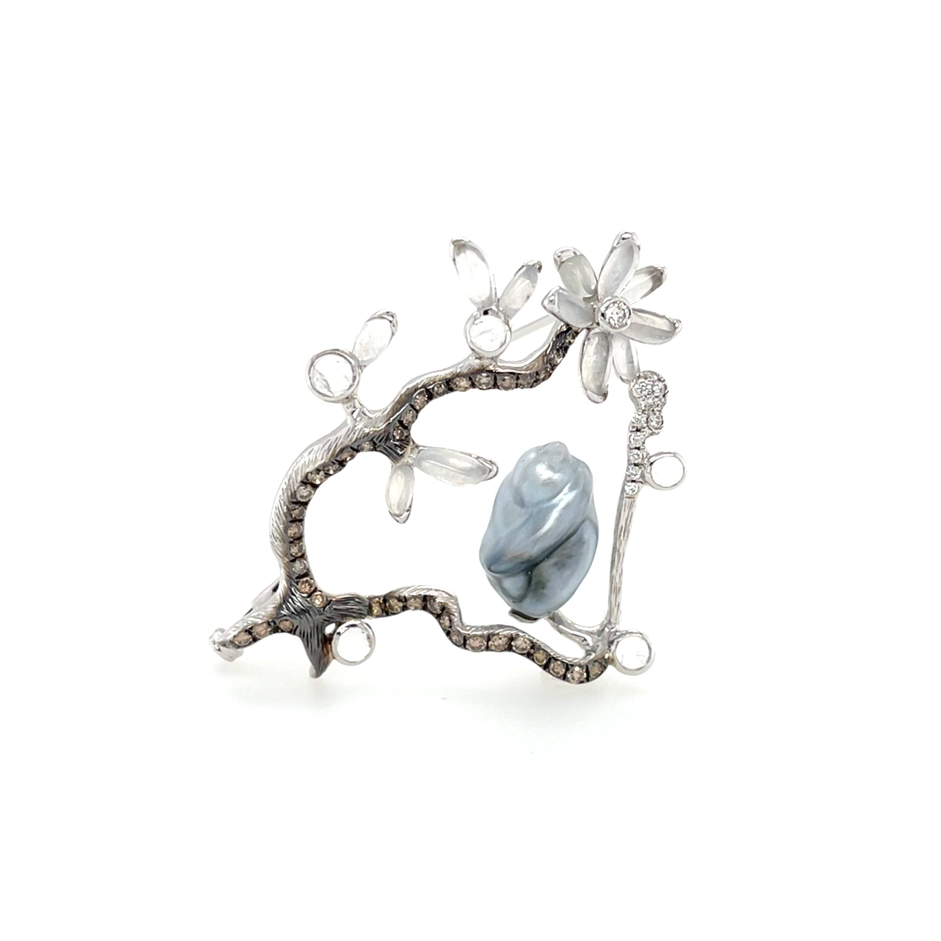 Keshi Pearl, Jade & Diamond Brooch - K.S. Sze & Sons