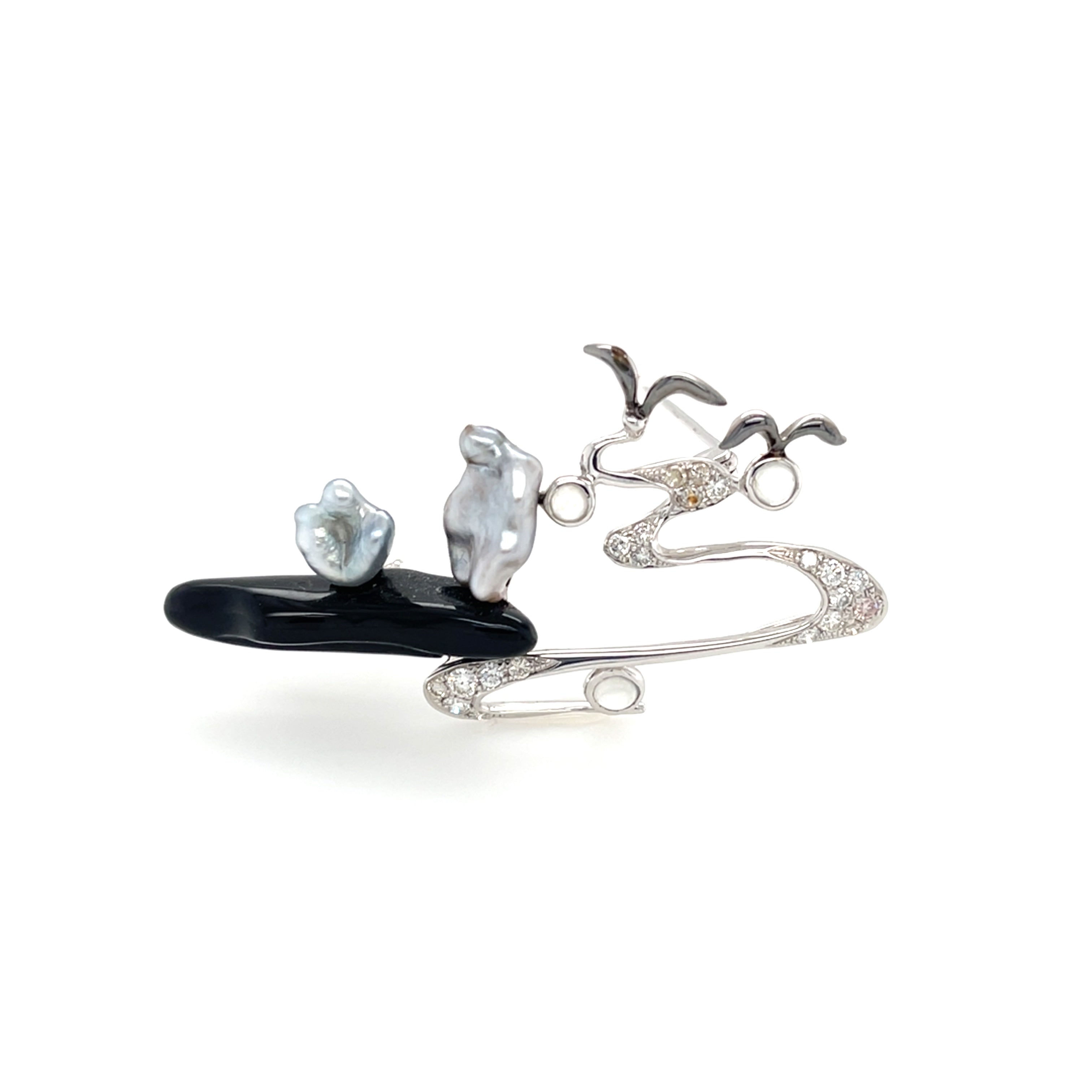 Keshi Pearl, Onyx & Diamond Brooch - K.S. Sze & Sons