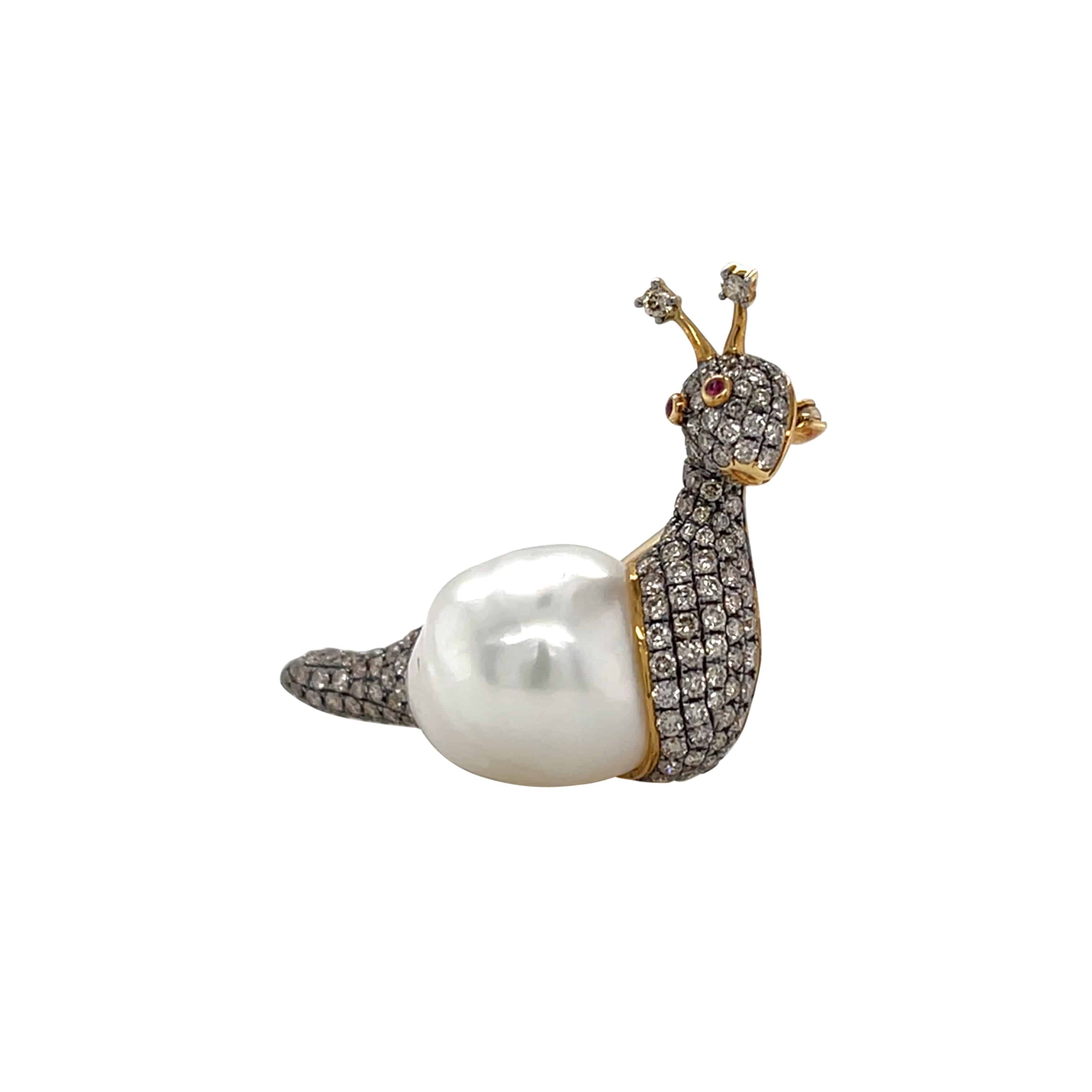 South Sea Pearl, Diamond & Ruby Snail Brooch - K.S. Sze & Sons