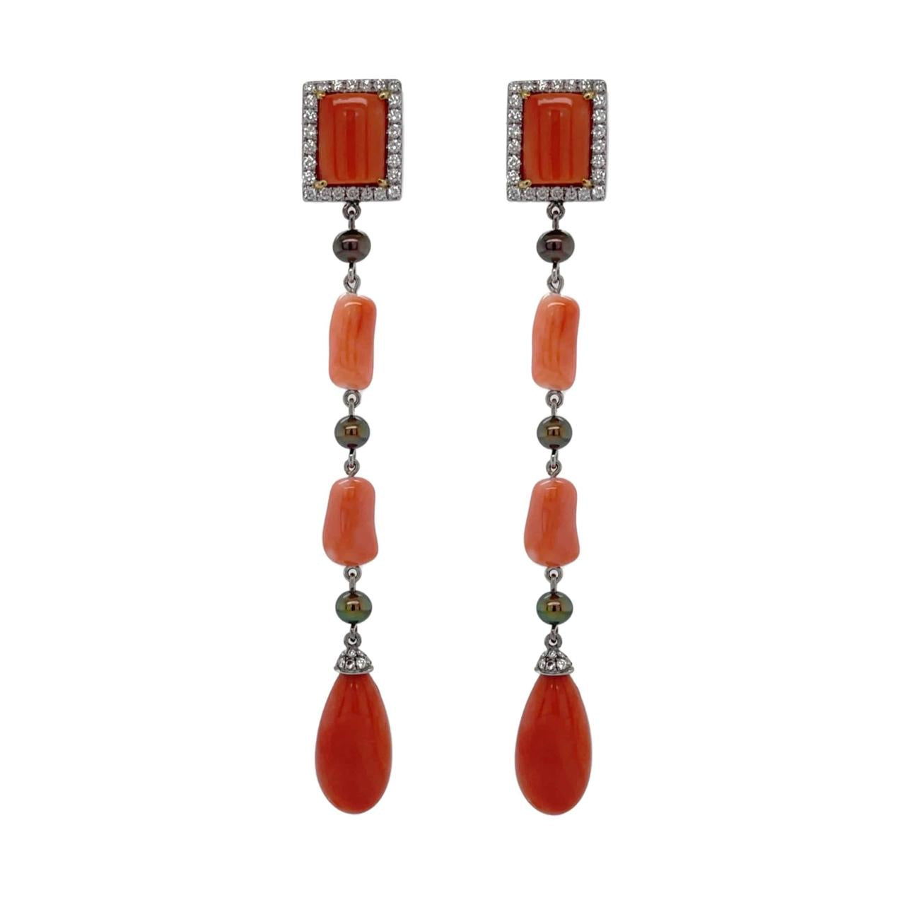 Coral, Freshwater Pearl & Diamond Drop Earrings - K.S. Sze & Sons