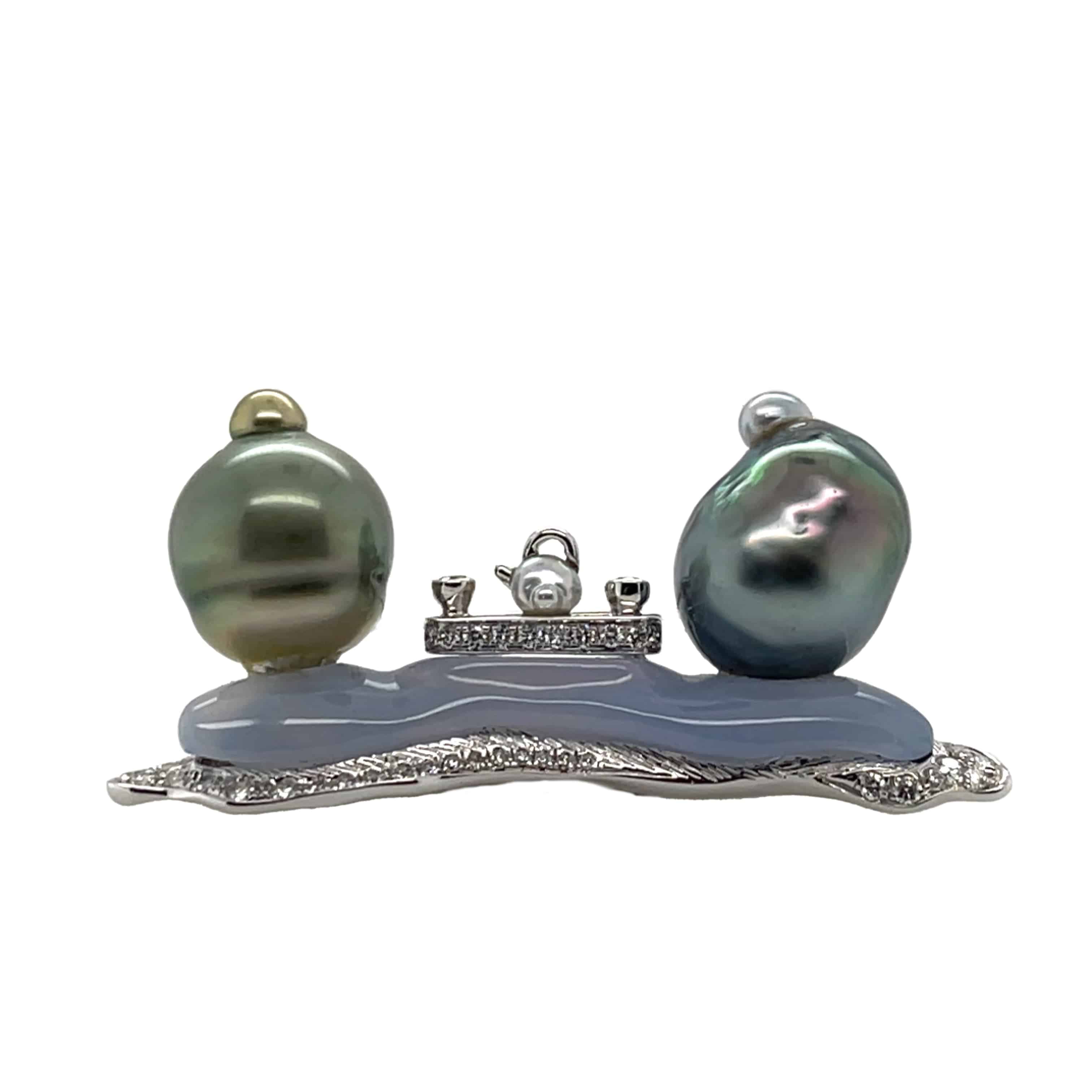 Tahitian South Sea Pearl, Keshi Pearl, Chalcedony & Diamond Brooch - K.S. Sze & Sons