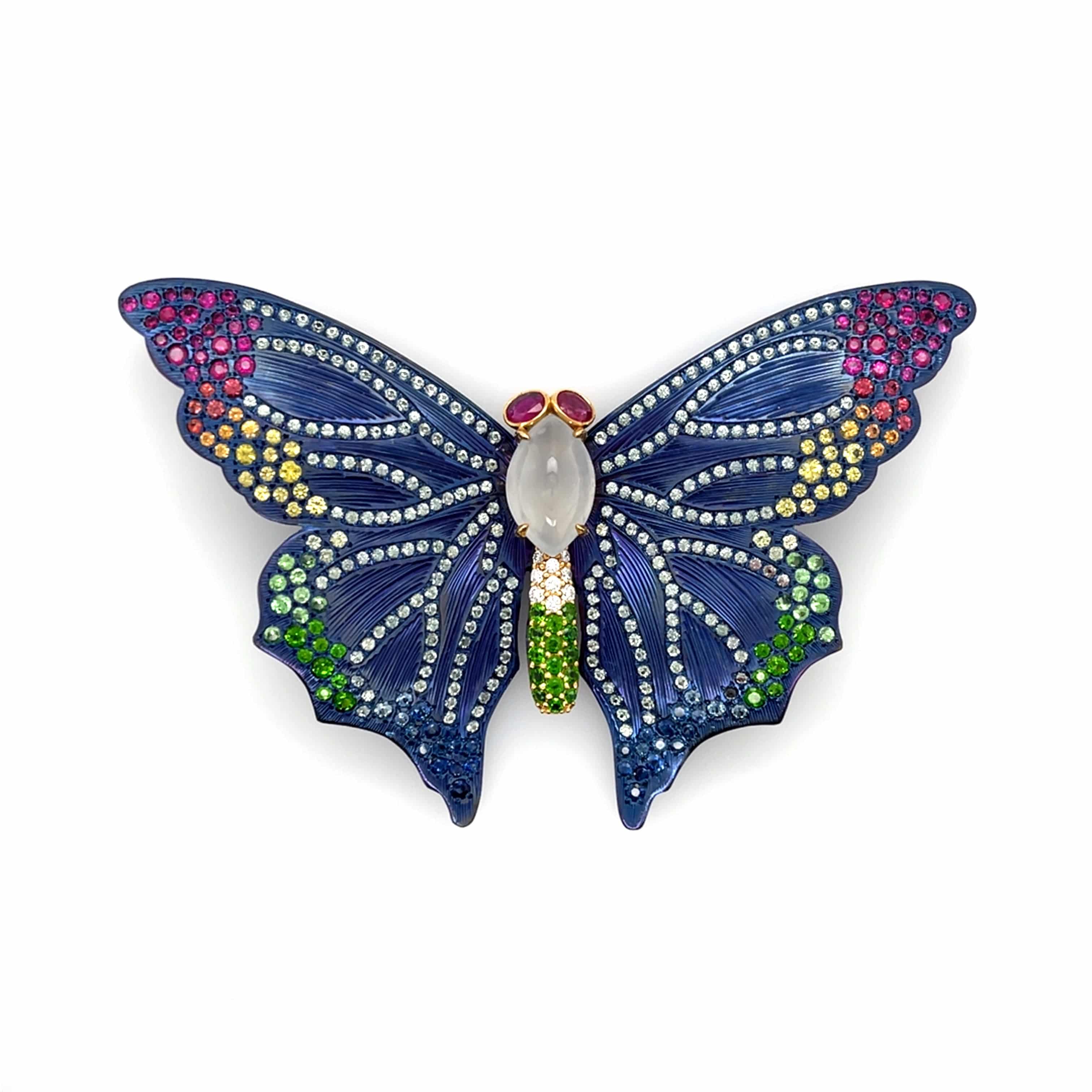 Titanium with Diamond, Jadeite & Color Gemstones Butterfly Brooch - K.S. Sze & Sons