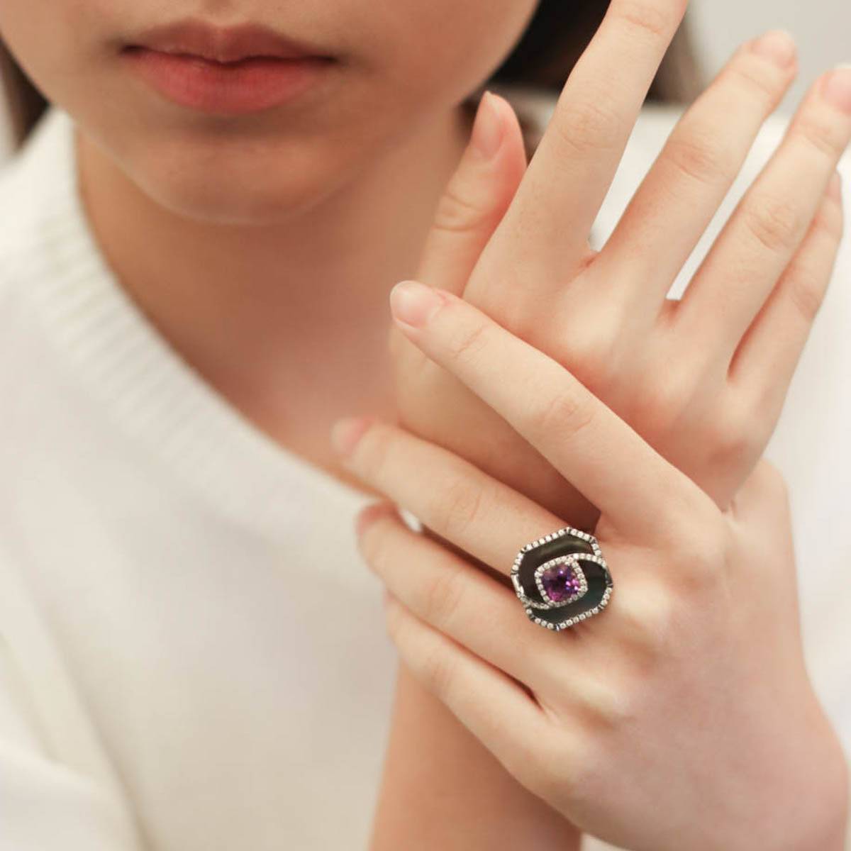 18K Gold Diamond Amethyst and Mother of Pearl Ring - K.S. Sze & Sons