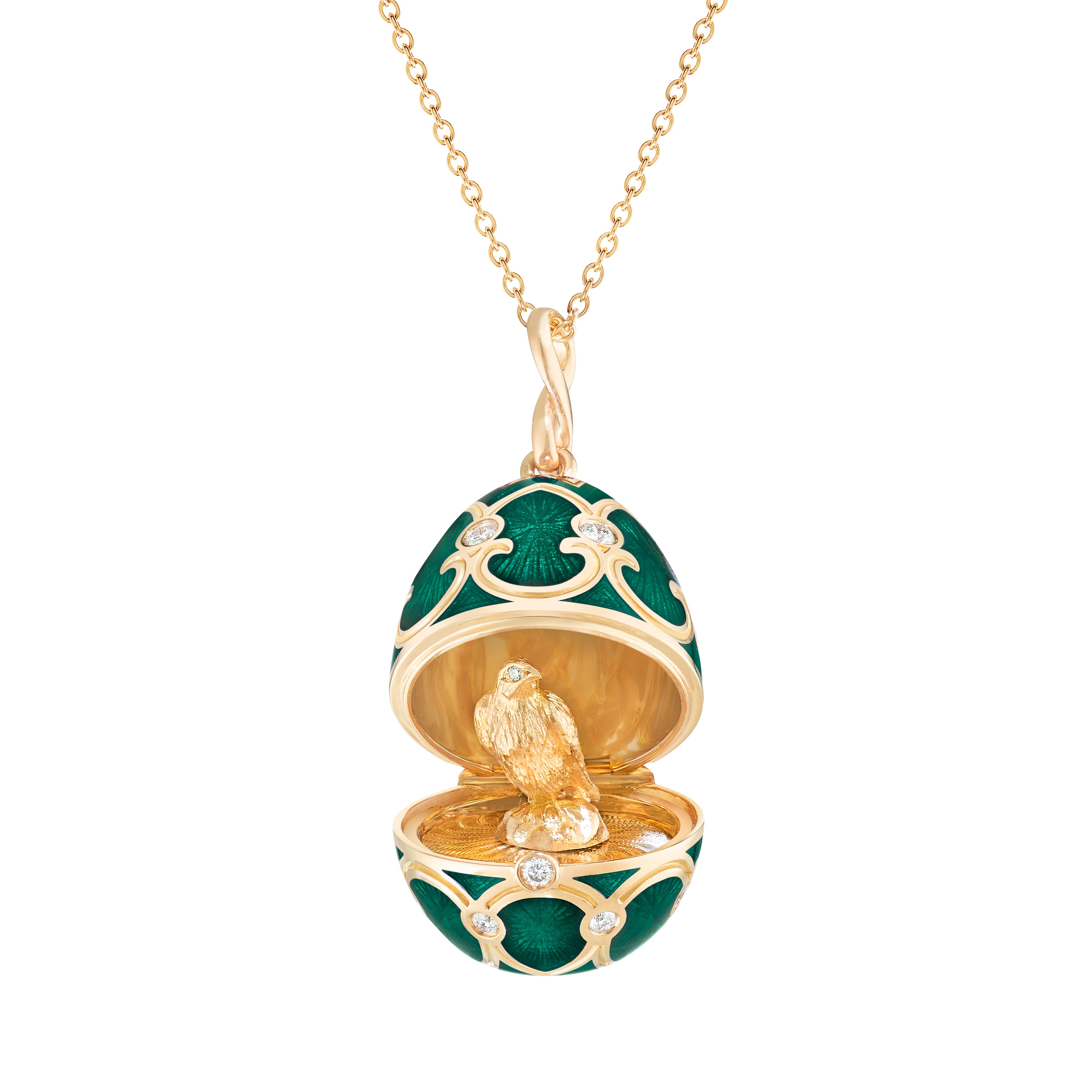 FABERGE Palais Tsarskoye Selo Green Guilloché Enamel and Falcon Surprise Locket - K.S. Sze & Sons
