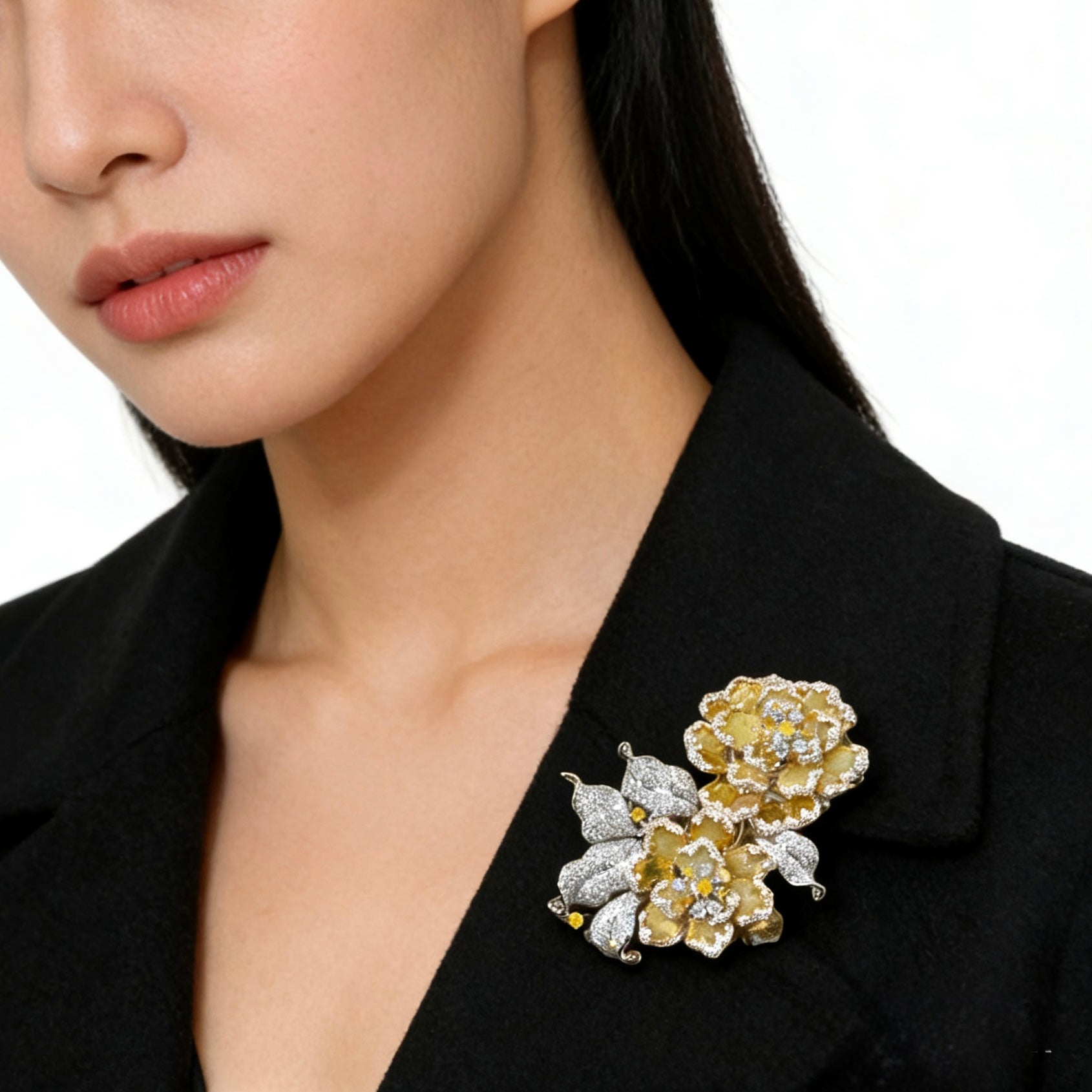 Yellow & White Diamond Double Bouquet of Flowers Brooch