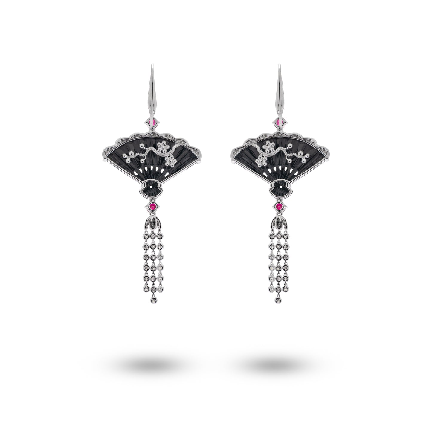 Transformational Black Jade, Diamond & Ruby Fan Earrings | K.S. Sze & Sons