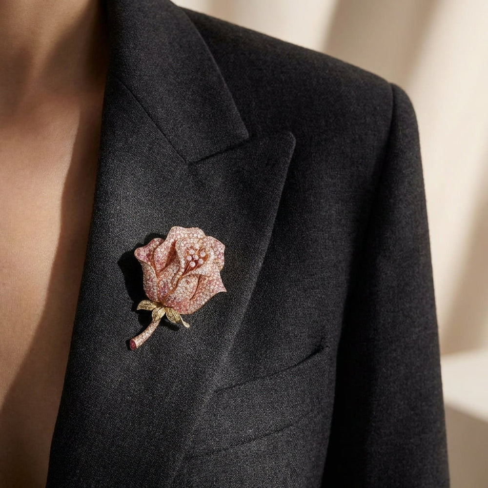 Pink & White Diamond Rose Brooch - K.S. Sze & Sons