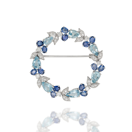 18K White Gold Blue Sapphire, Aquamarine & Diamond Brooch - K.S. Sze & Sons