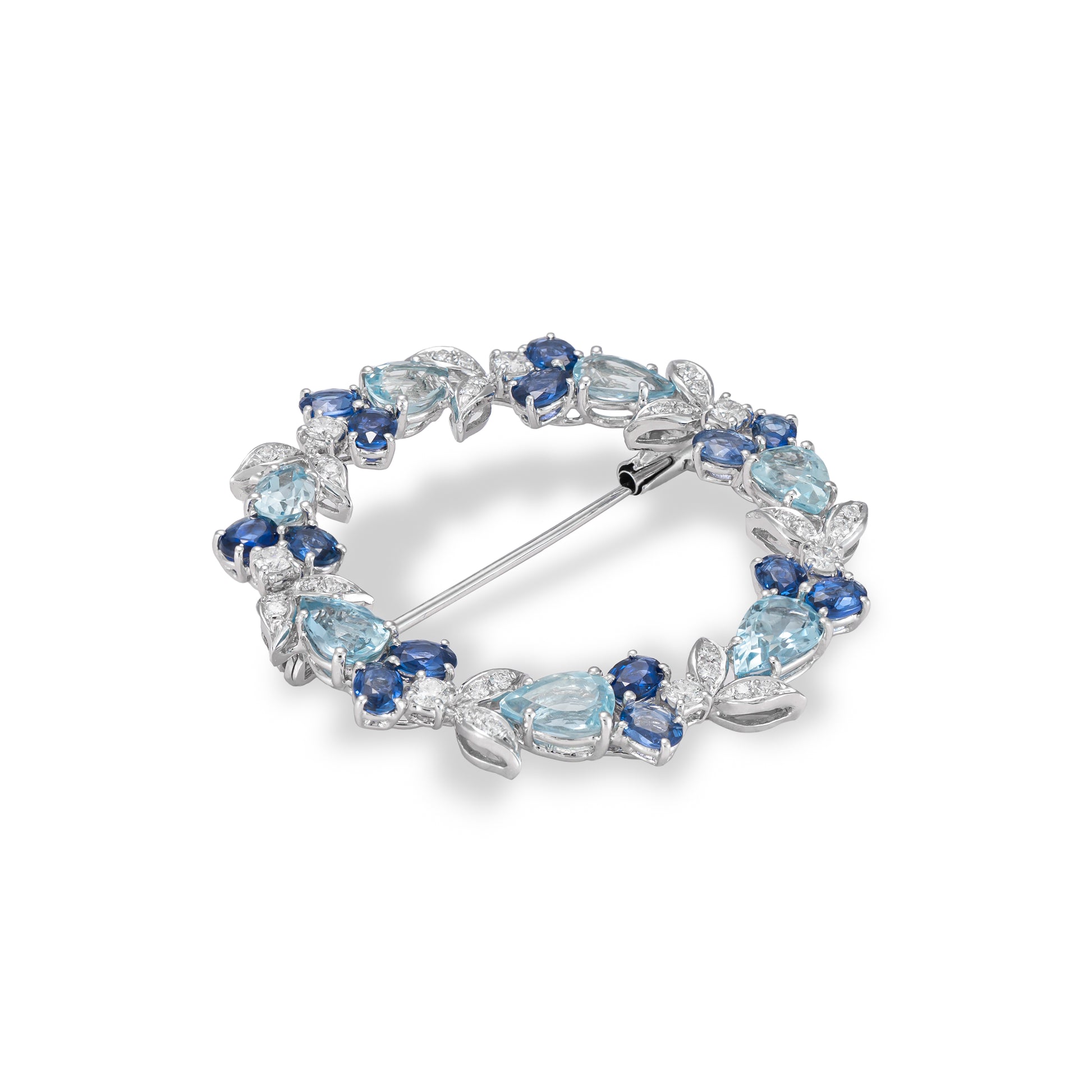 18K White Gold Blue Sapphire, Aquamarine & Diamond Brooch - K.S. Sze & Sons