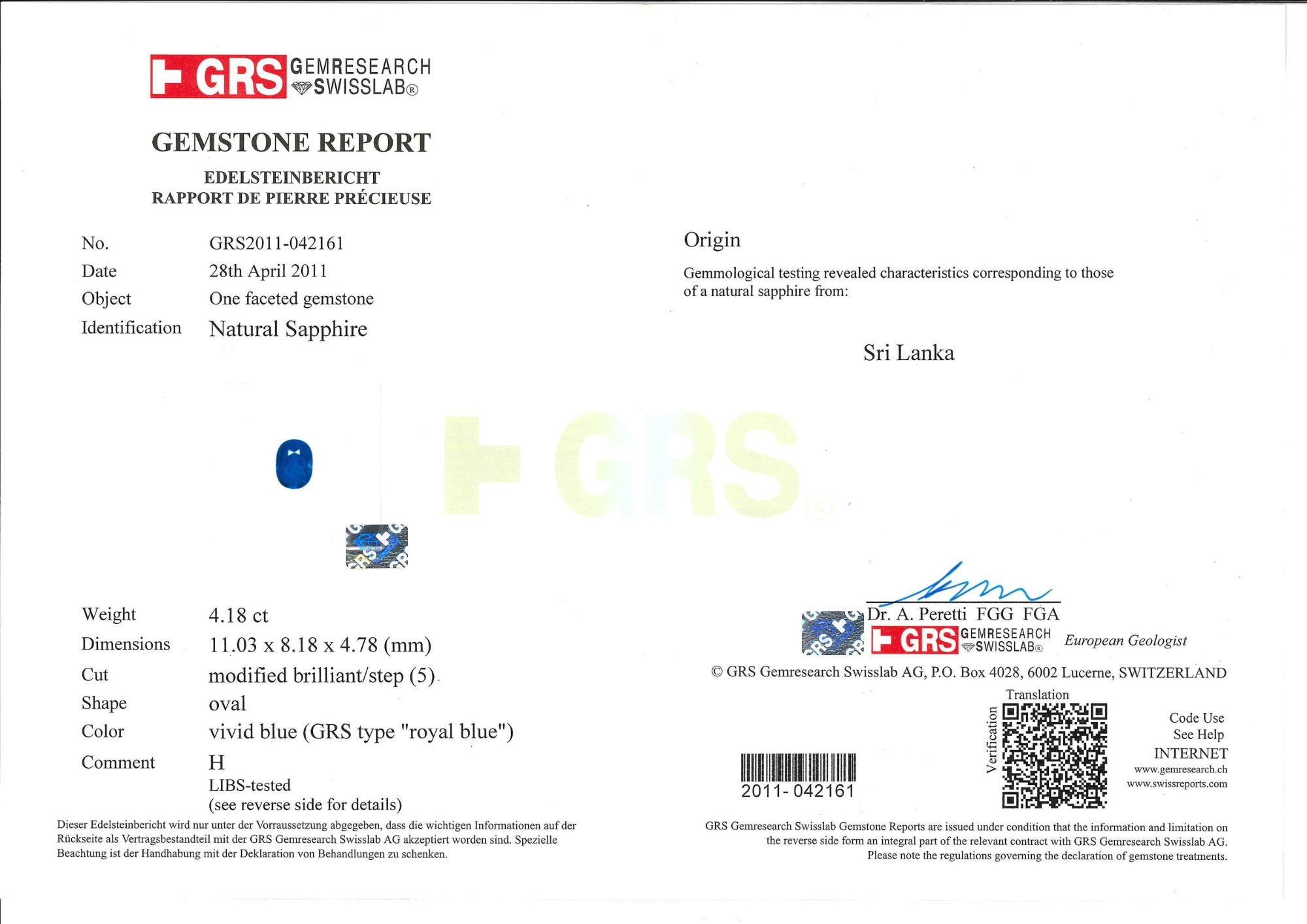 Oval-Shaped Royal Blue Sapphire & Diamond Ring (GRS Certificate) - K.S. Sze & Sons