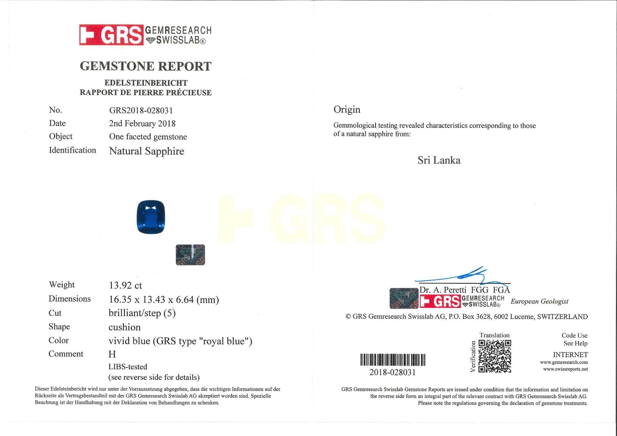 Platinum Royal Blue Sapphire & Diamond Ring (GRS Certificate) - K.S. Sze & Sons