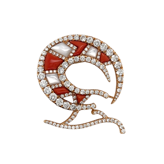 18K Diamond, Coral & Mother of Pearl Brooch - K.S. Sze & Sons
