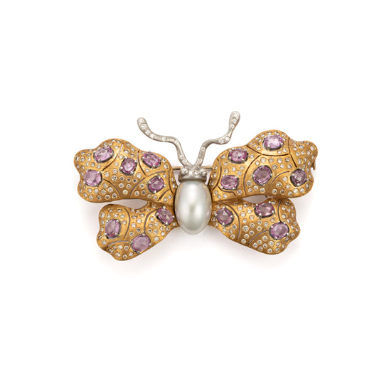 Keshi Pearl, Pink Sapphire & Diamond Butterfly Brooch - K.S. Sze & Sons