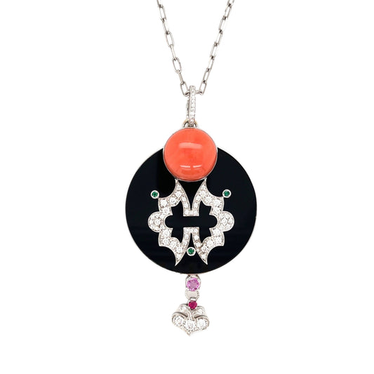 18K Coral, Onyx, Multi Sapphire & Diamond Pendant - K.S. Sze & Sons