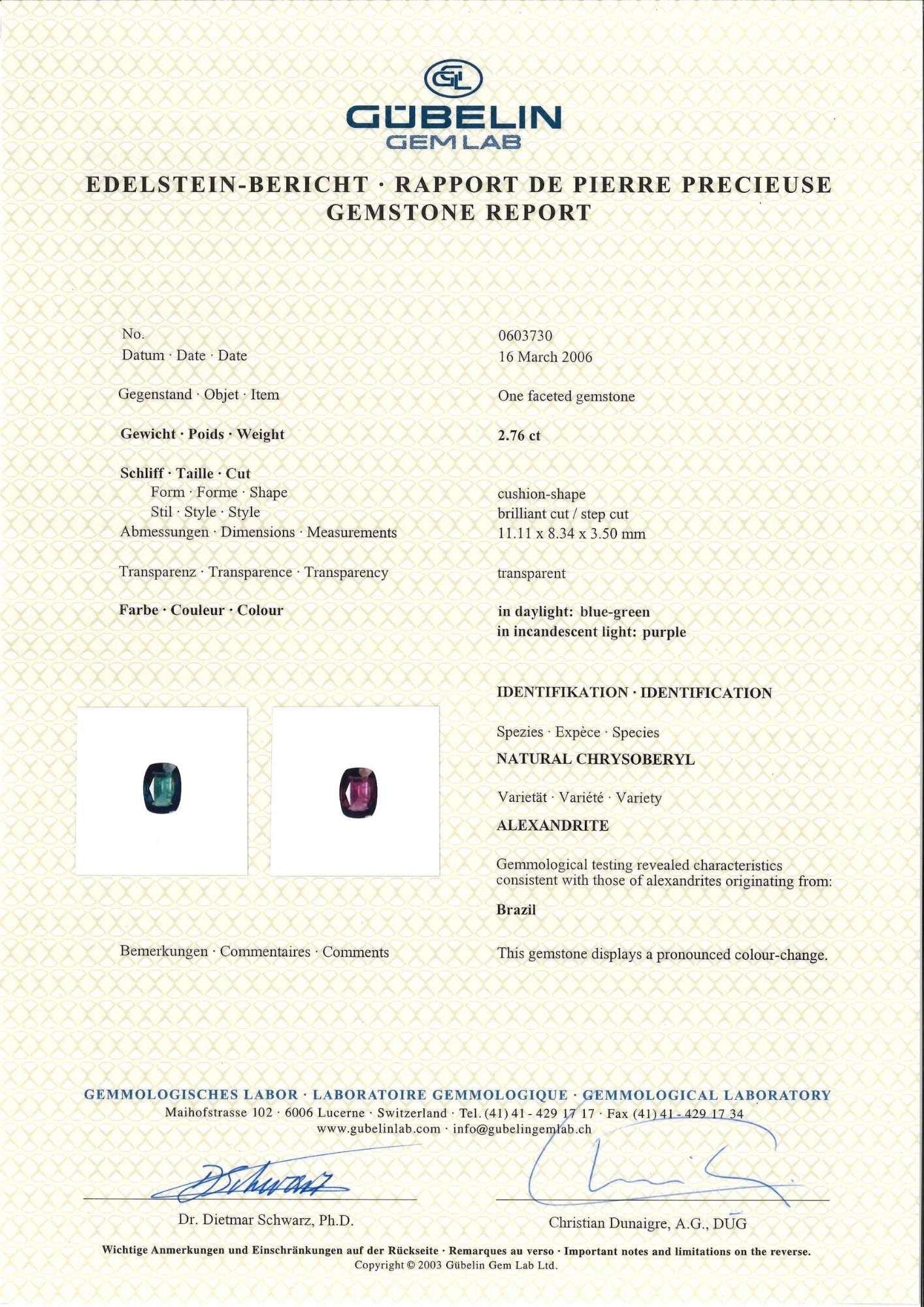 Alexandrite & Diamond Ring (Gubelin Certificate) - K.S. Sze & Sons