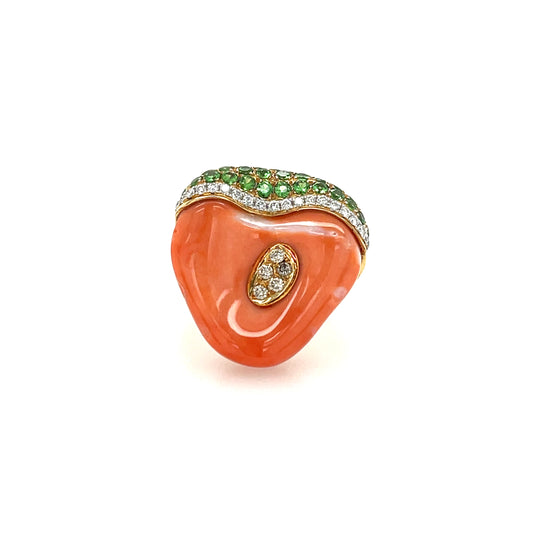 18K Coral, Garnet & Diamond Ring - K.S. Sze & Sons
