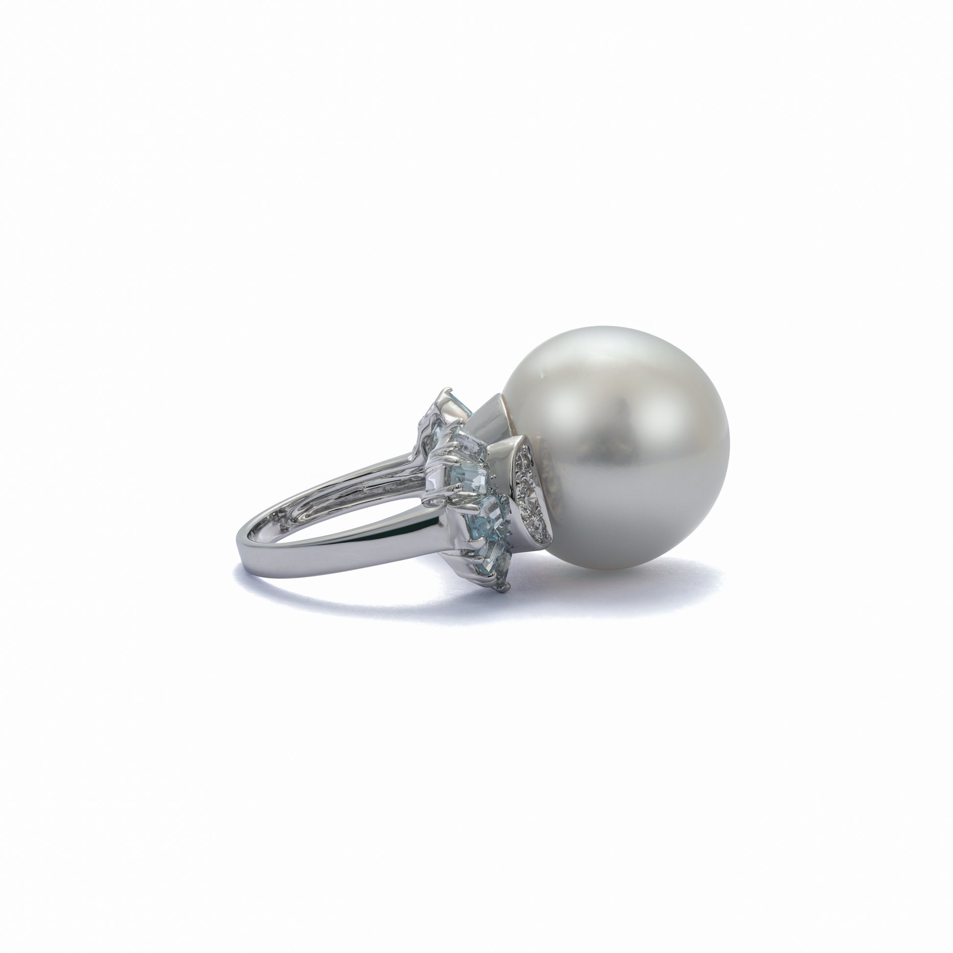 South Sea Pearl With White Diamond & Aquamarine Ring - K.S. Sze & Sons