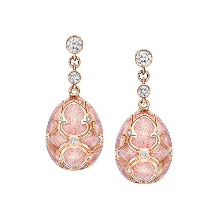 FABERGE Diamond & Pink Guilloche Enamel Egg Drop Earrings - K.S. Sze & Sons