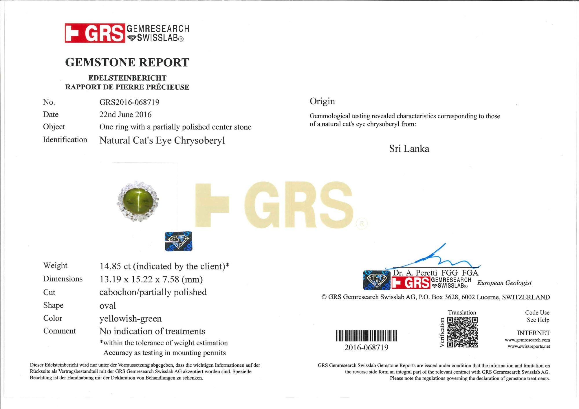 Unheated Cabochon Cat's Eye & Diamond Ring (GRS Certificate) - K.S. Sze & Sons