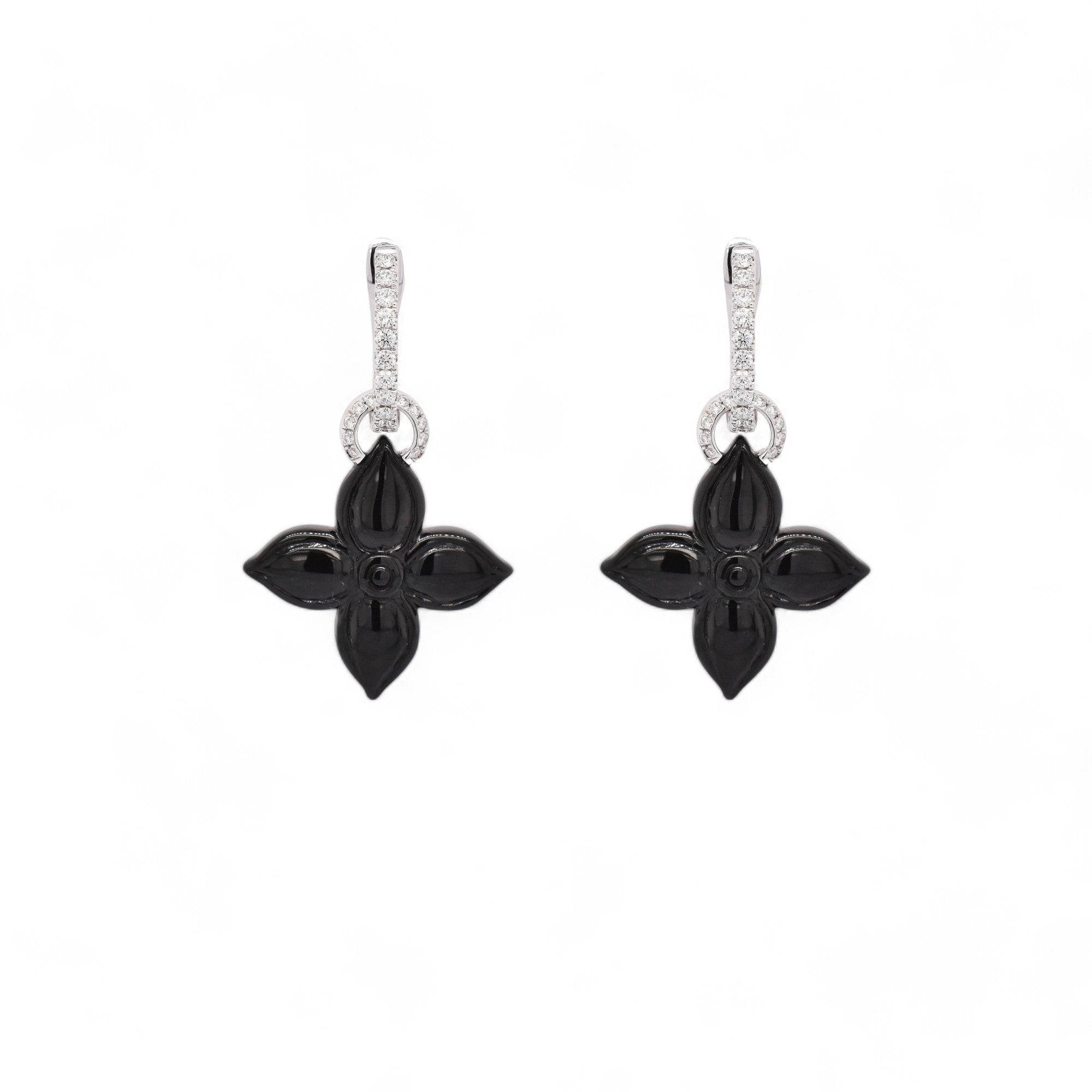 Black Jade Carved Clover Drop Earrings - K.S. Sze & Sons