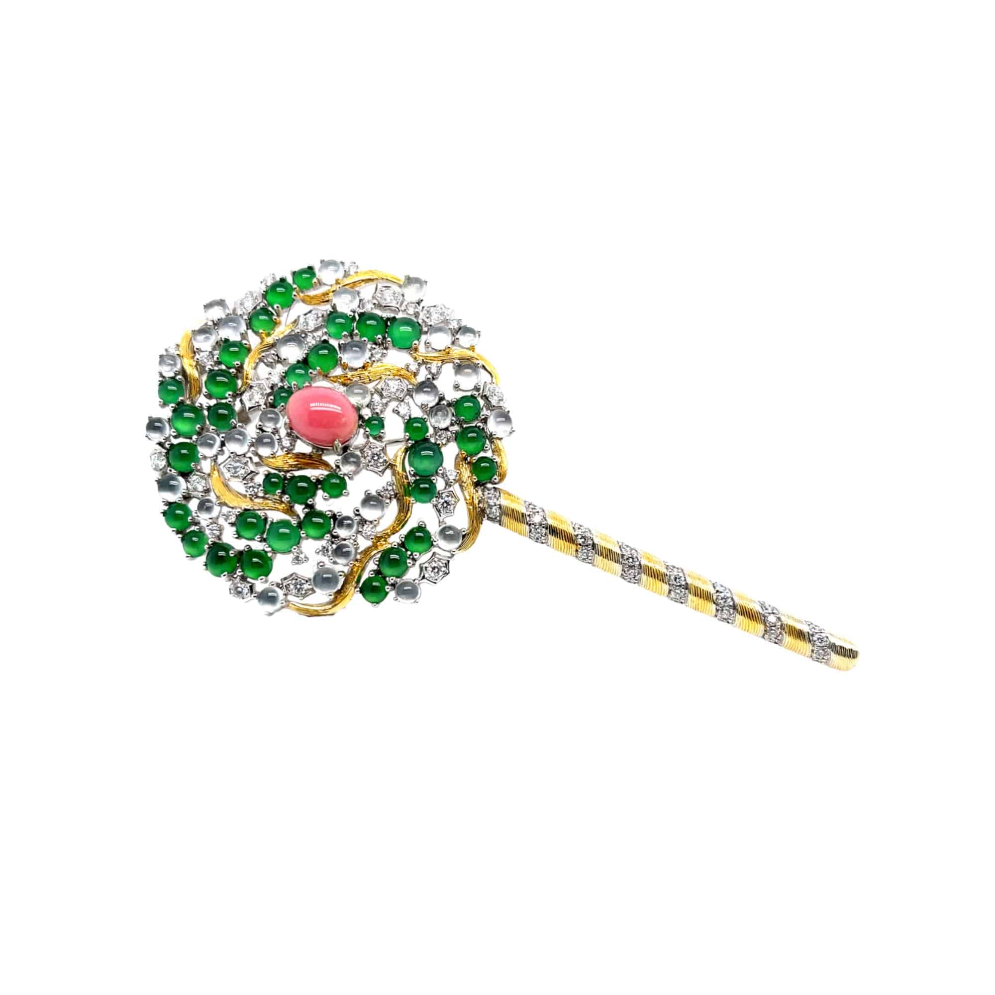 Conch Pearl, Jade & Diamond Lollipop Brooch - K.S. Sze & Sons