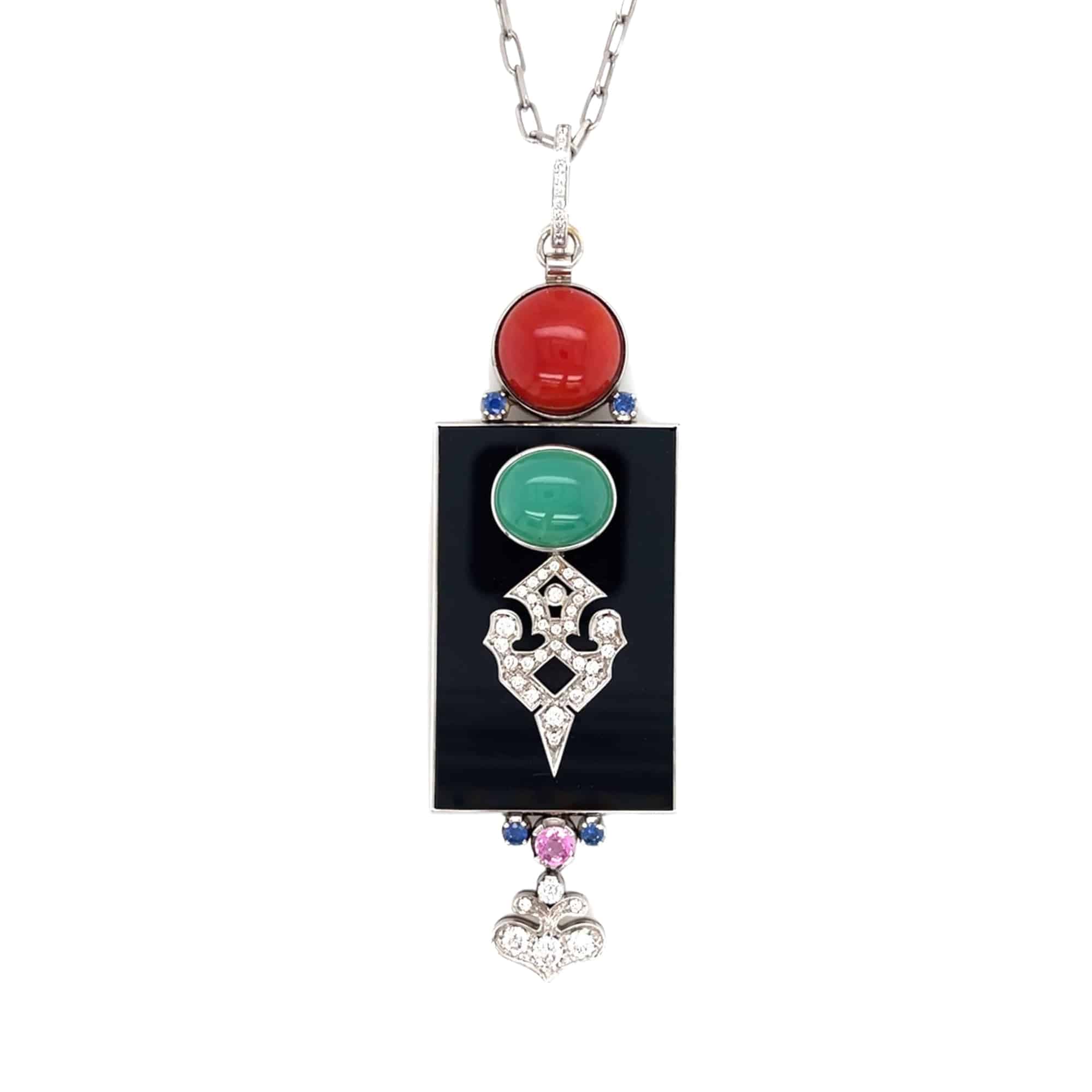 Coral, Onyx, Chrysoprase, Multicolored Sapphire & Diamond Pendant - K.S. Sze & Sons