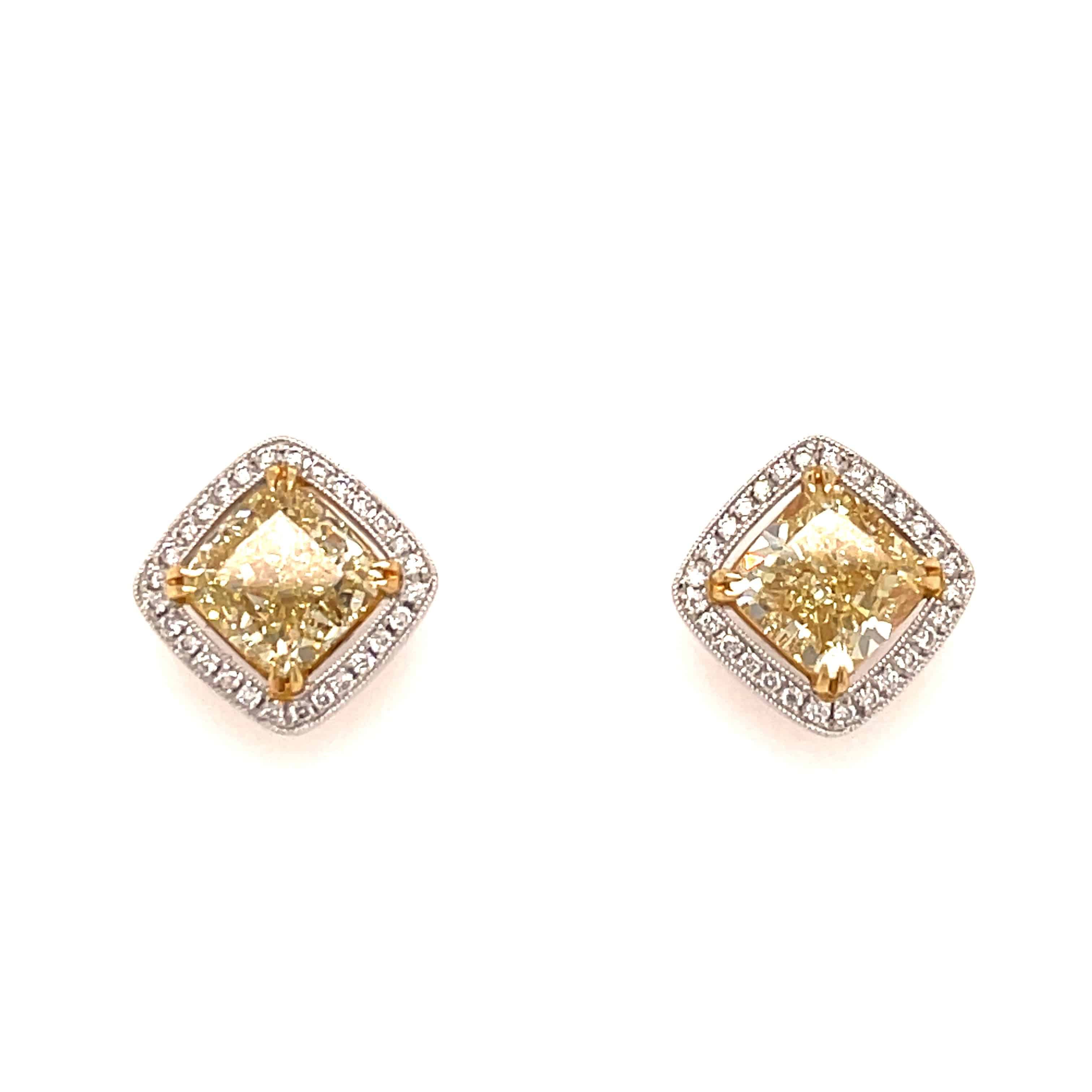 Cushion Shaped Fancy Yellow Diamond Earrings (GIA Certificate)