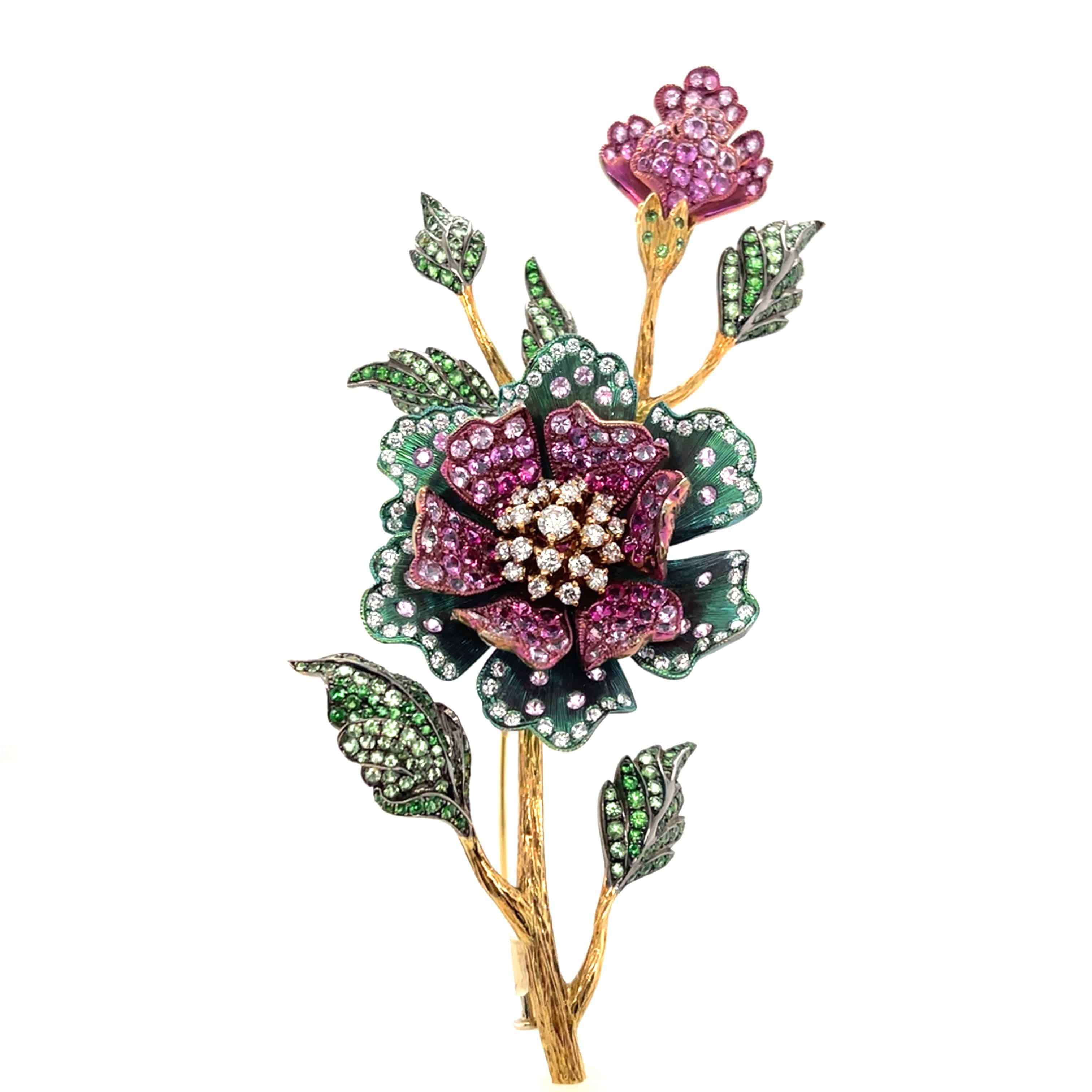 Diamond, Pink Sapphire & Tsavorite Floral Brooch - K.S. Sze & Sons