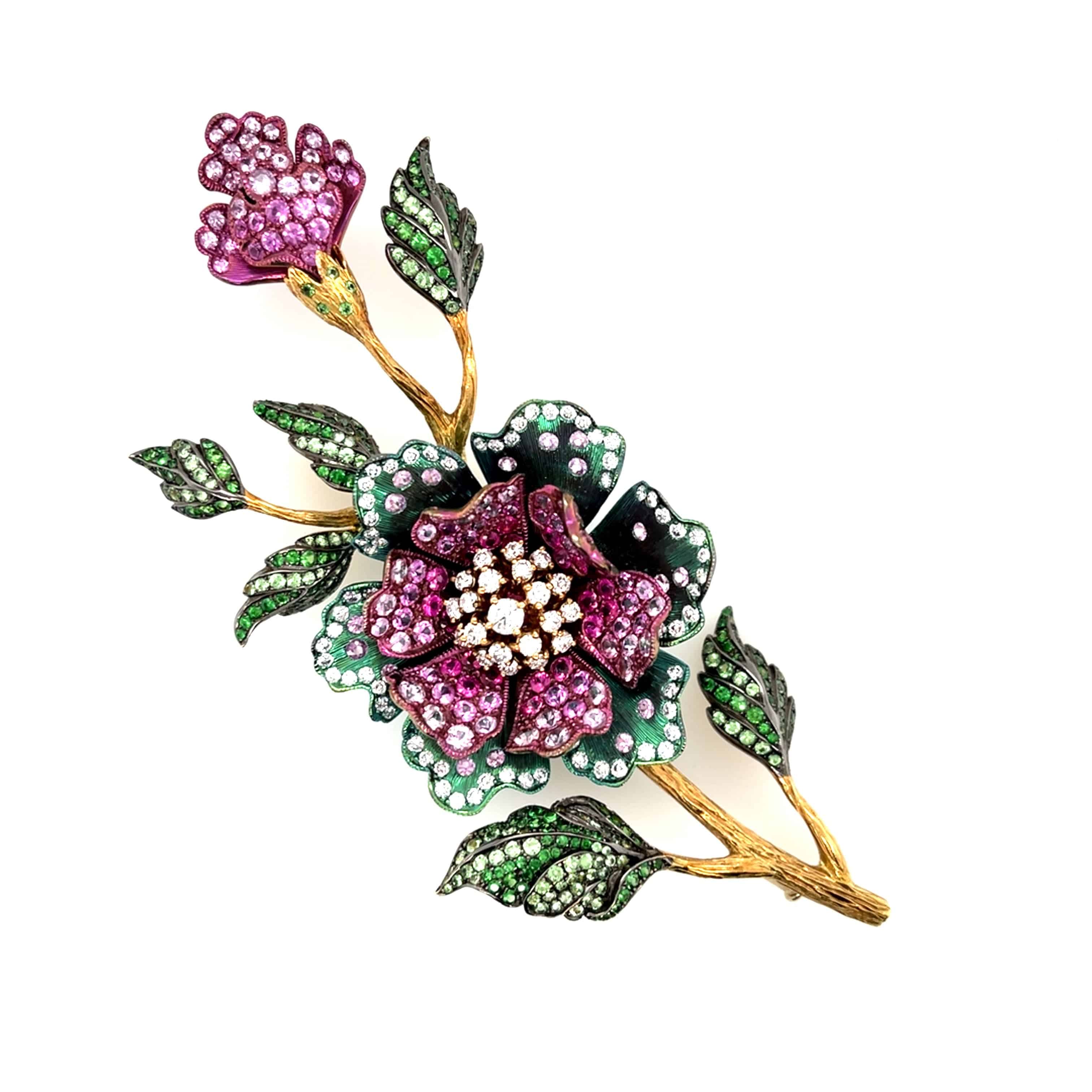 Diamond, Pink Sapphire & Tsavorite Floral Brooch - K.S. Sze & Sons