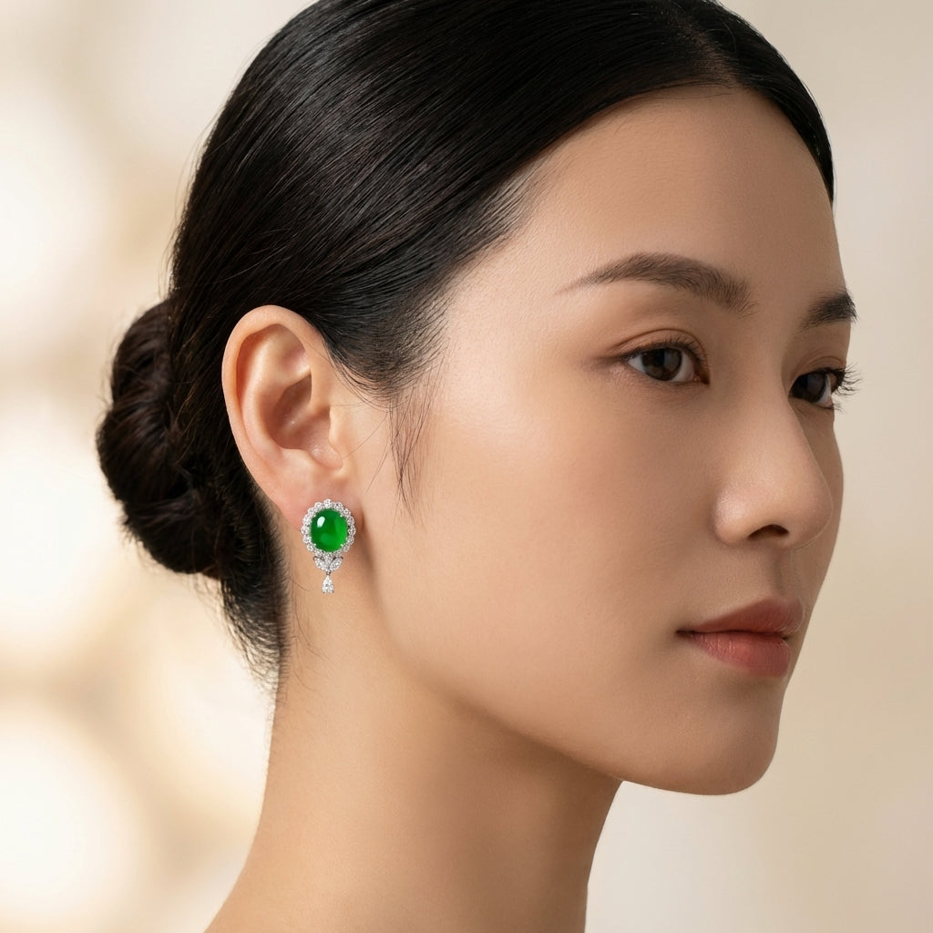 East Asian female model wearing Imperial Jade & Diamond Drop Earrings in white gold, highlighting elegance and intricate craftsmanship.