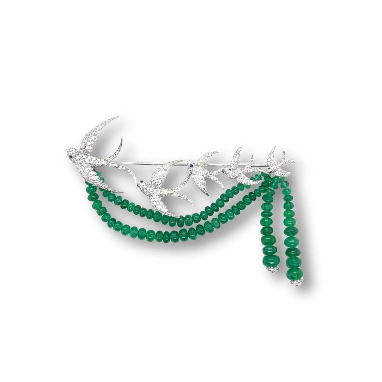 Emerald, Diamond & Sapphire Swallow Brooch - K.S. Sze & Sons