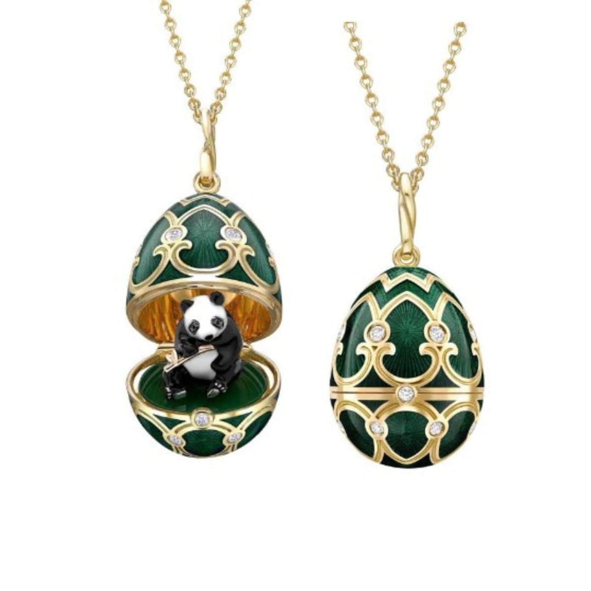 FABERGE Diamond & Green Guilloche Enamel Panda Surprise Locket - K.S. Sze & Sons