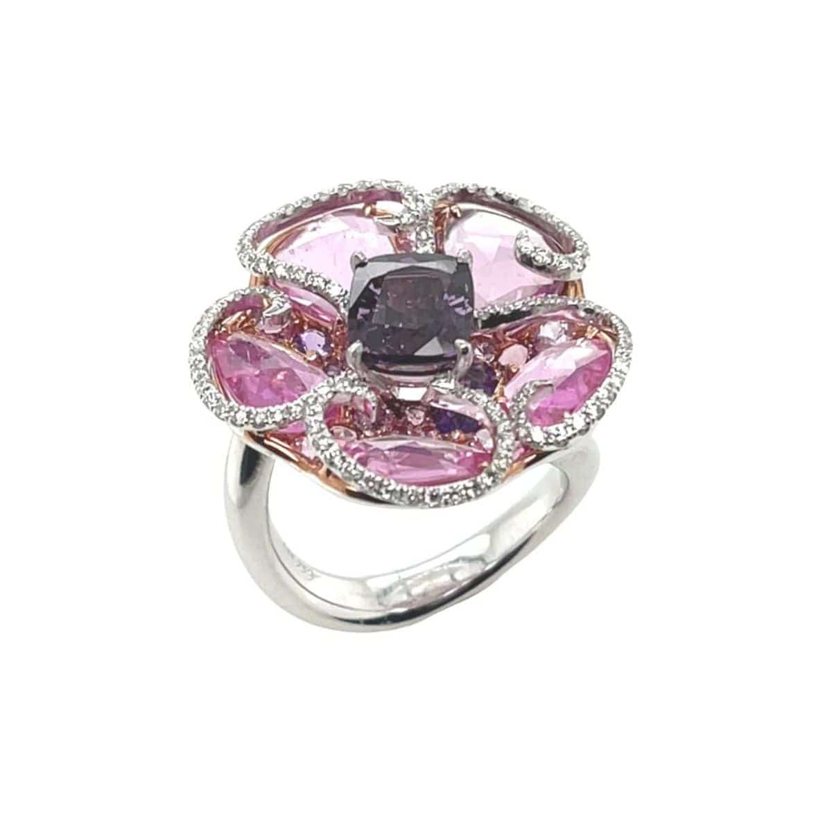 Garnet, Gemstone & Brilliant Round Diamond Flower Ring - K.S. Sze & Sons