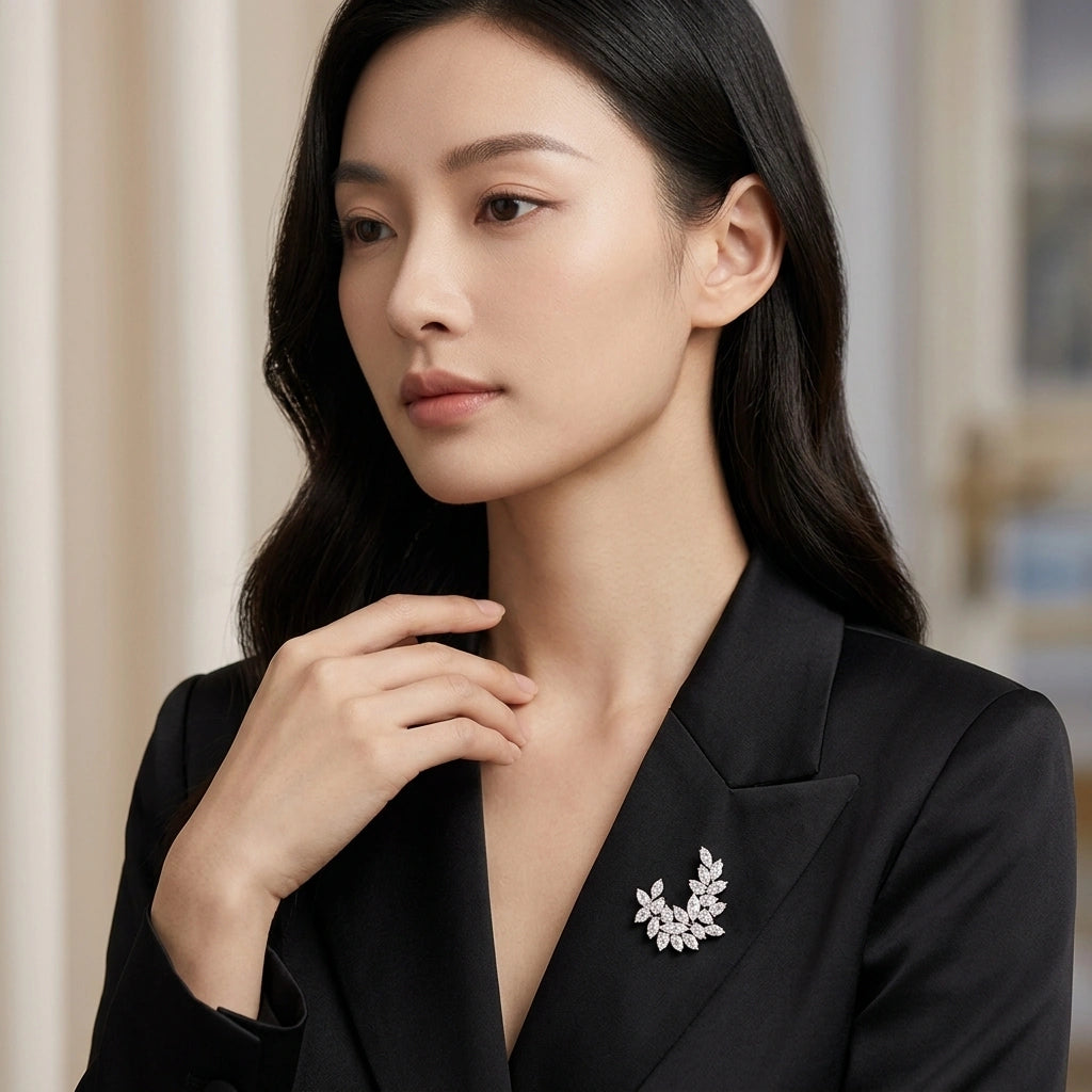 Frosted Laurel Marquise Diamond Brooch - K.S. Sze & Sons