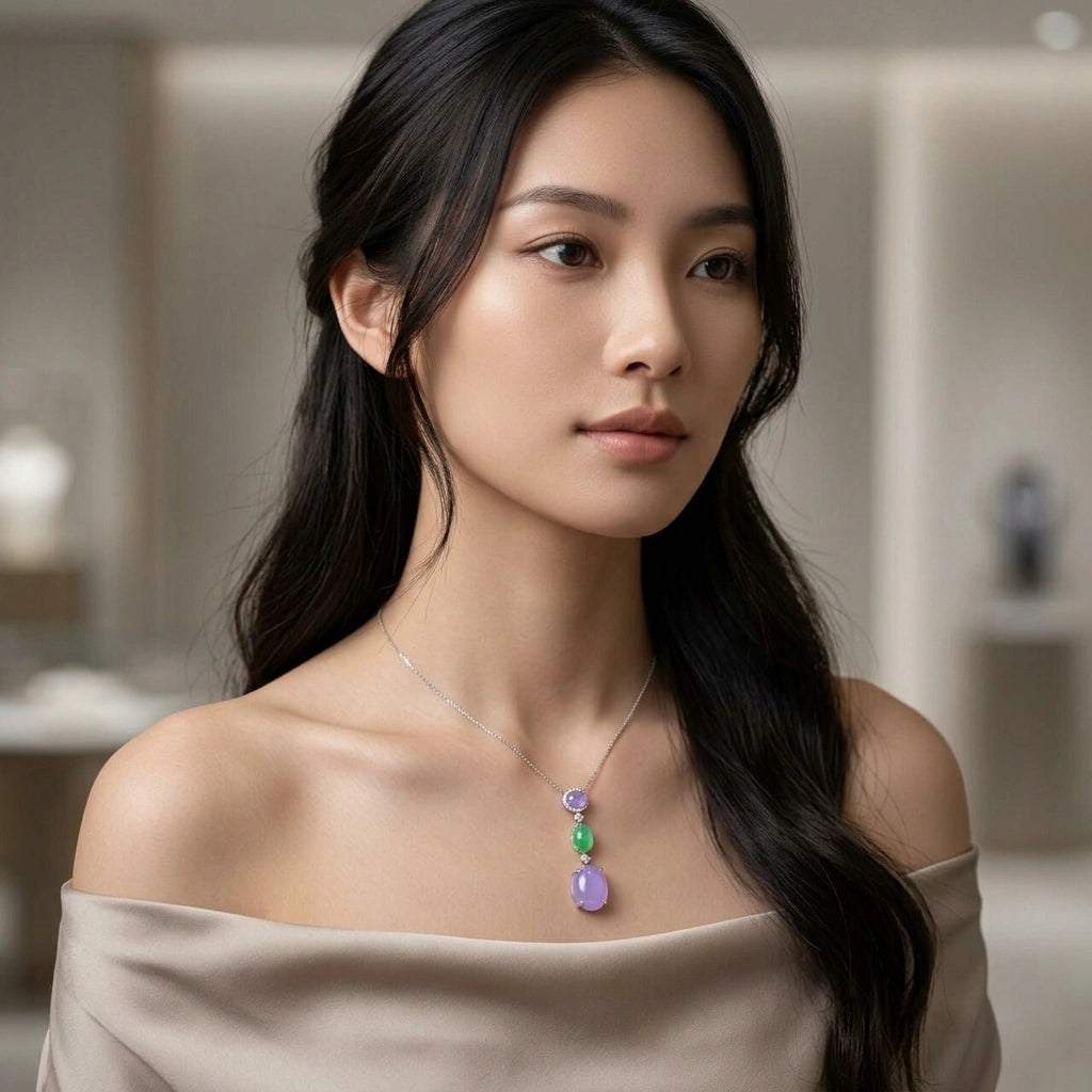 Green Jadeite, Lavender Jadeite and Diamond Pendant - K.S. Sze & Sons