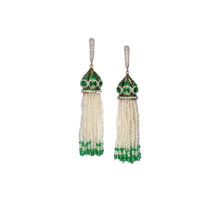 Green Garnet, Diamond & Pearl Tassel Earrings - K.S. Sze & Sons