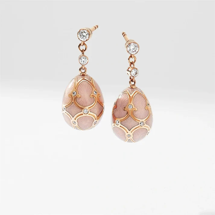 FABERGE Diamond & Pink Guilloche Enamel Egg Drop Earrings - K.S. Sze & Sons