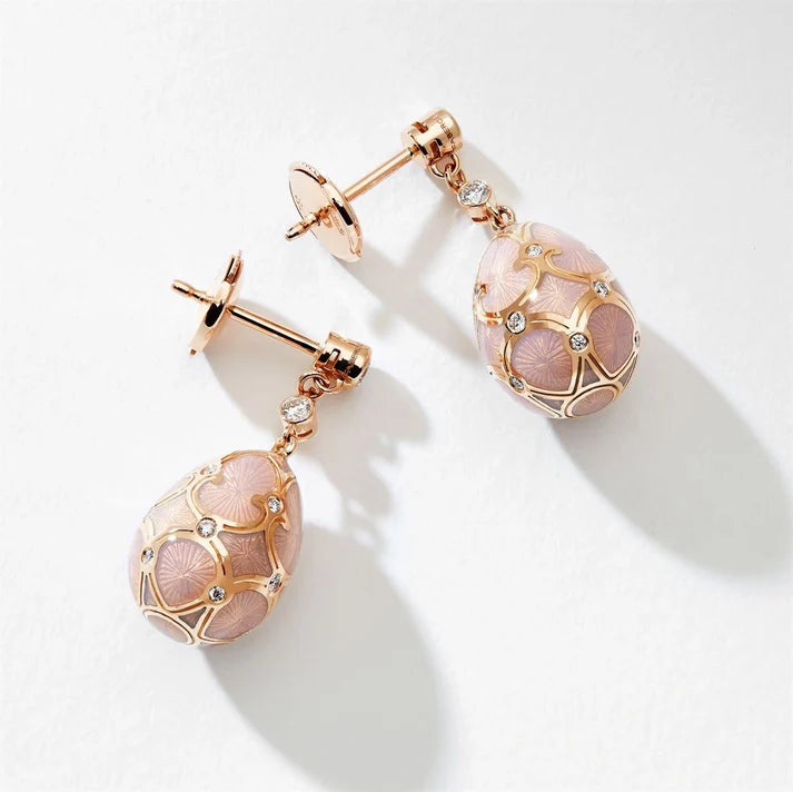 FABERGE Diamond & Pink Guilloche Enamel Egg Drop Earrings - K.S. Sze & Sons