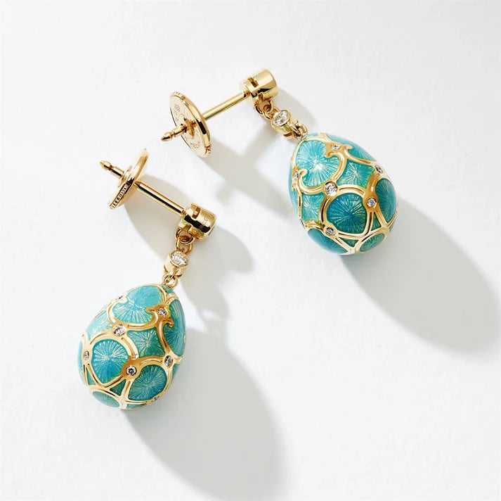FABERGE Turquoise Guilloché Enamel Egg Drop Earrings - K.S. Sze & Sons