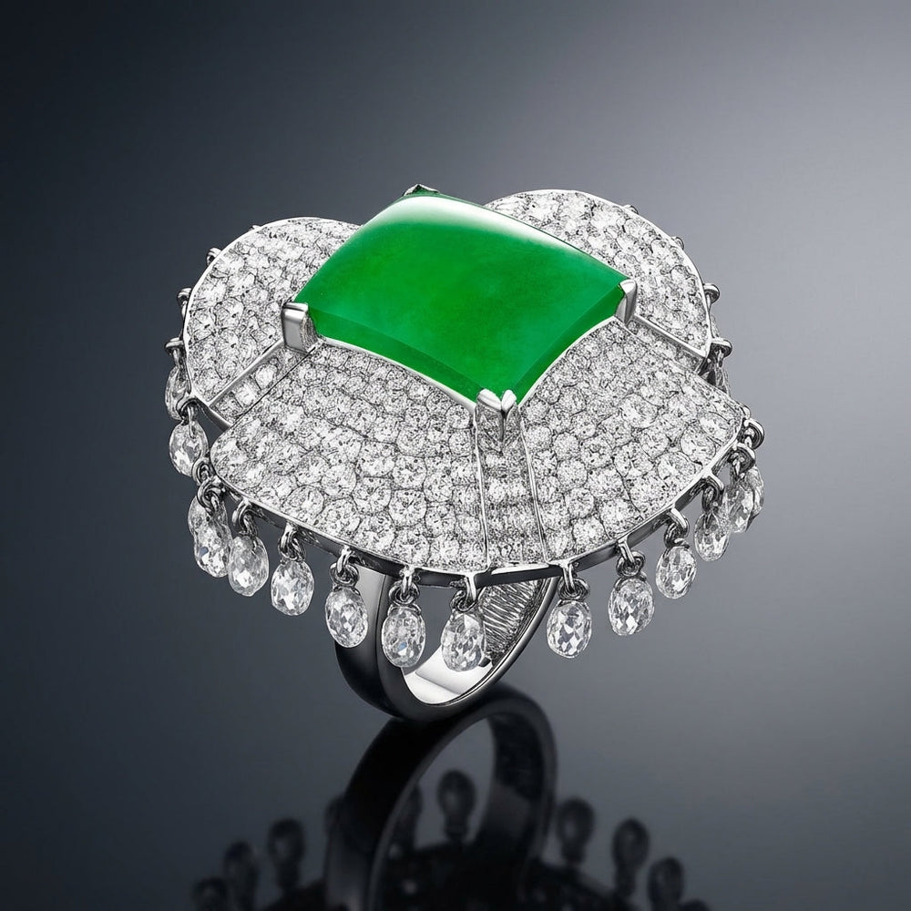 Luxurious advertisement showcasing an Imperial Jadeite and Diamond Chandelier Ring on a gradient grey background, emphasizing high-end jewelry elegance.