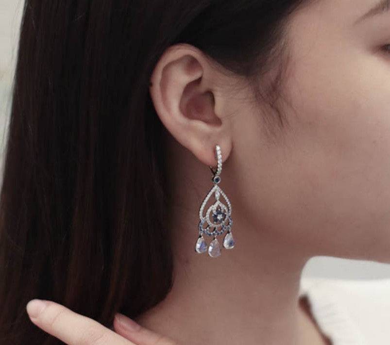 Moonstone, Sapphire & Diamond Drop Earrings - K.S. Sze & Sons