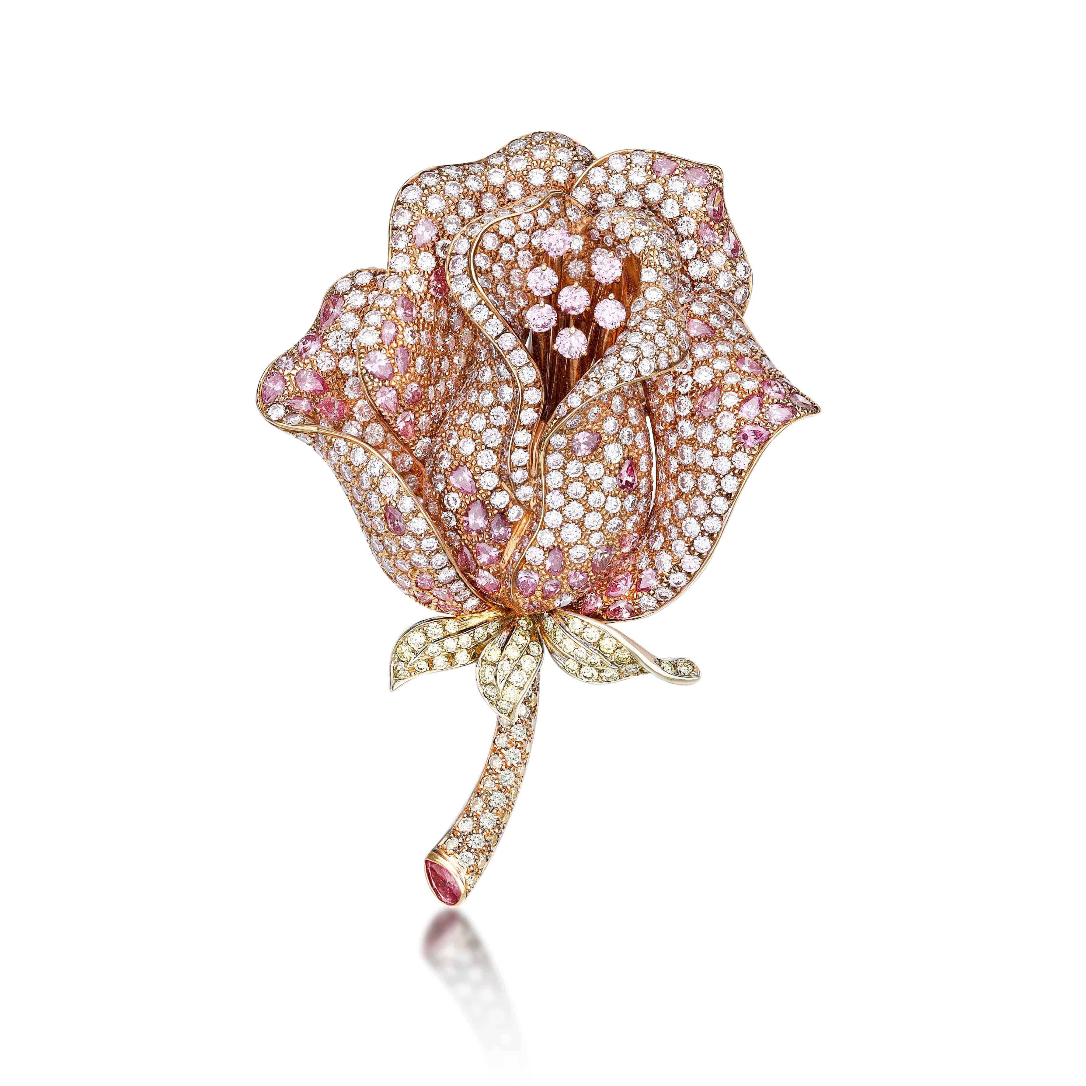 Pink & White Diamond Rose Brooch - K.S. Sze & Sons