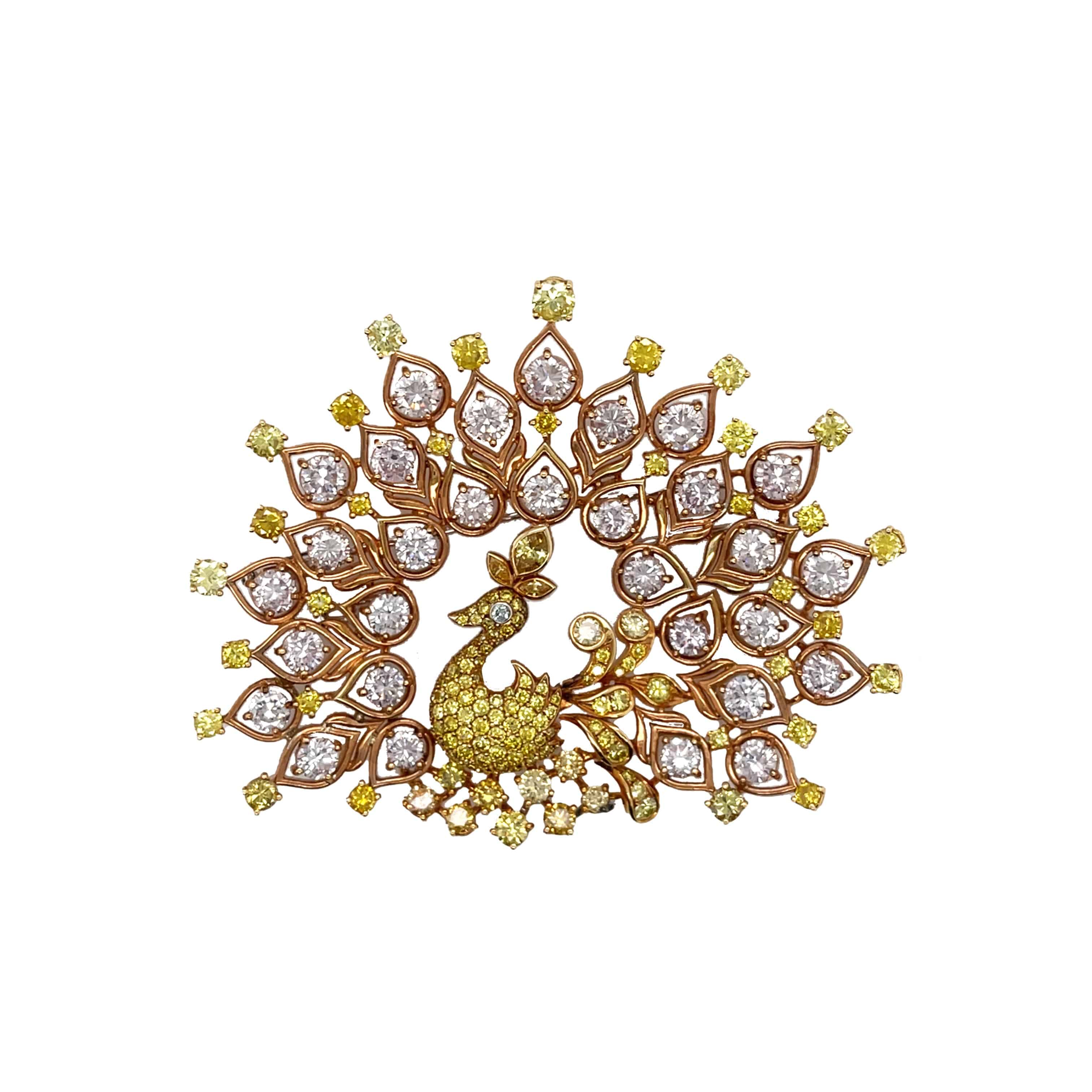 Pink & Yellow Diamond Peacock Brooch - K.S. Sze & Sons