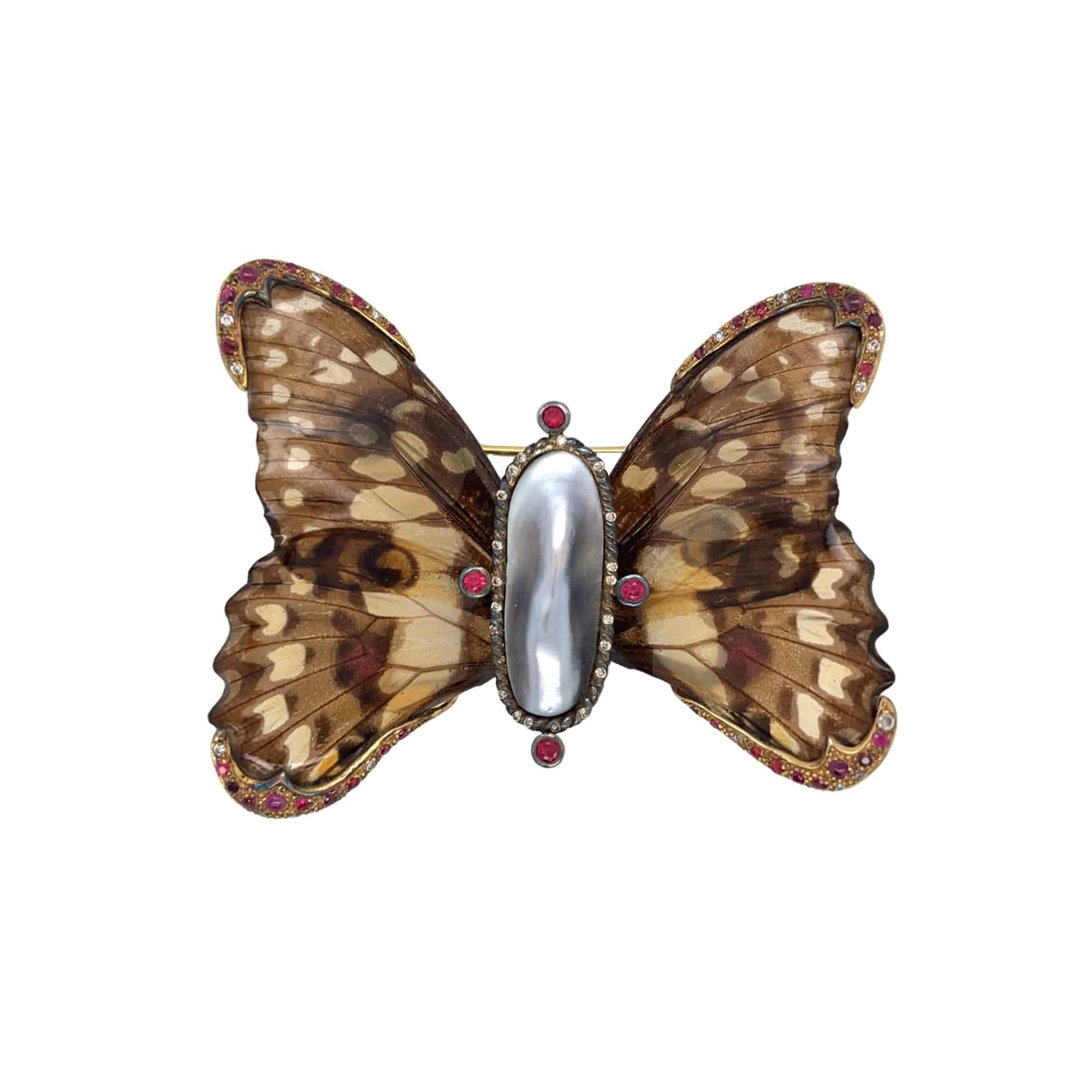 South Sea Pearl, Diamond & Gemstones Butterfly Brooch