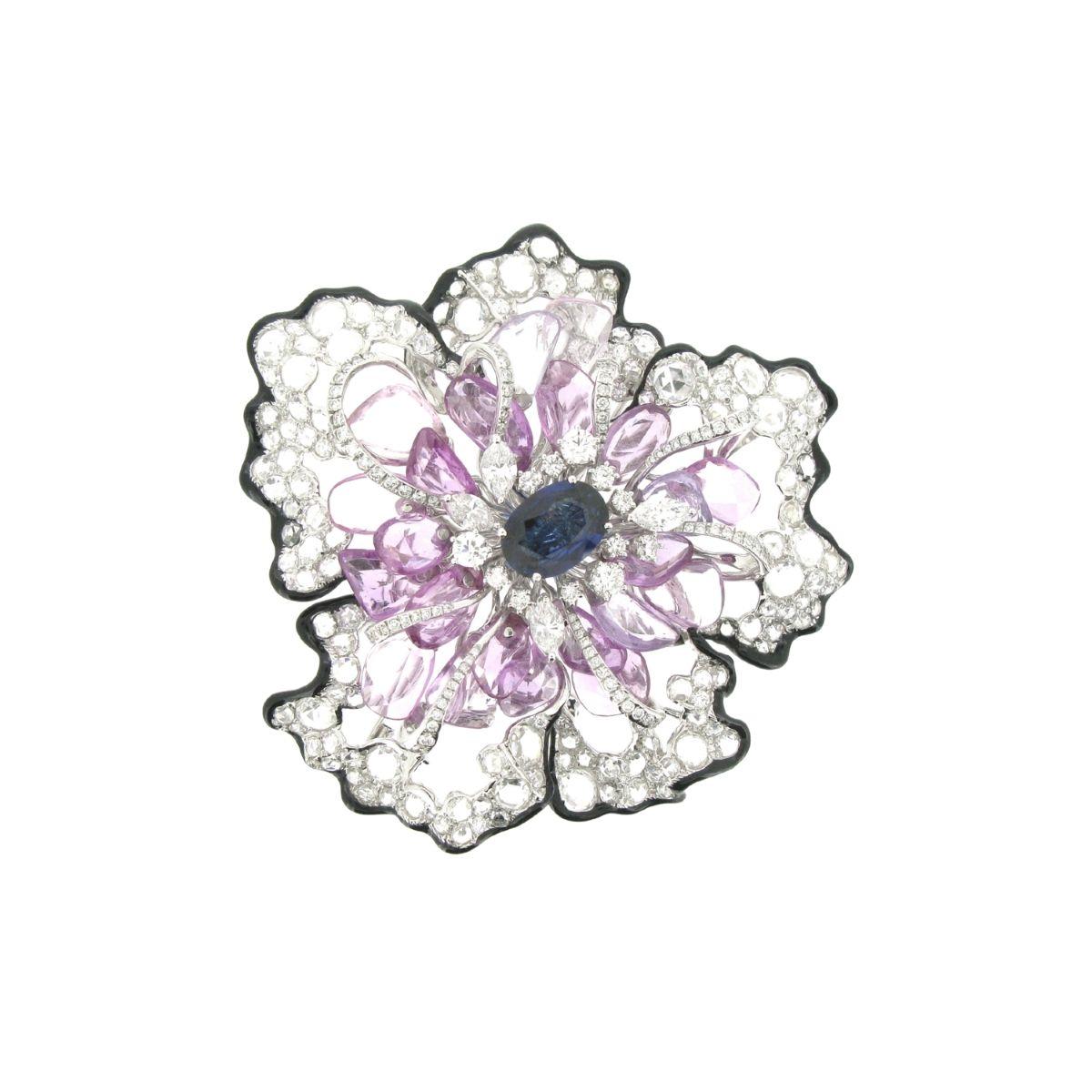 Sapphire, Pink Sapphire & Diamond  Brooch