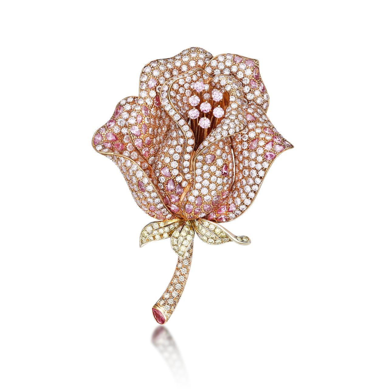 Pink & White Diamond Rose Brooch - K.S. Sze & Sons