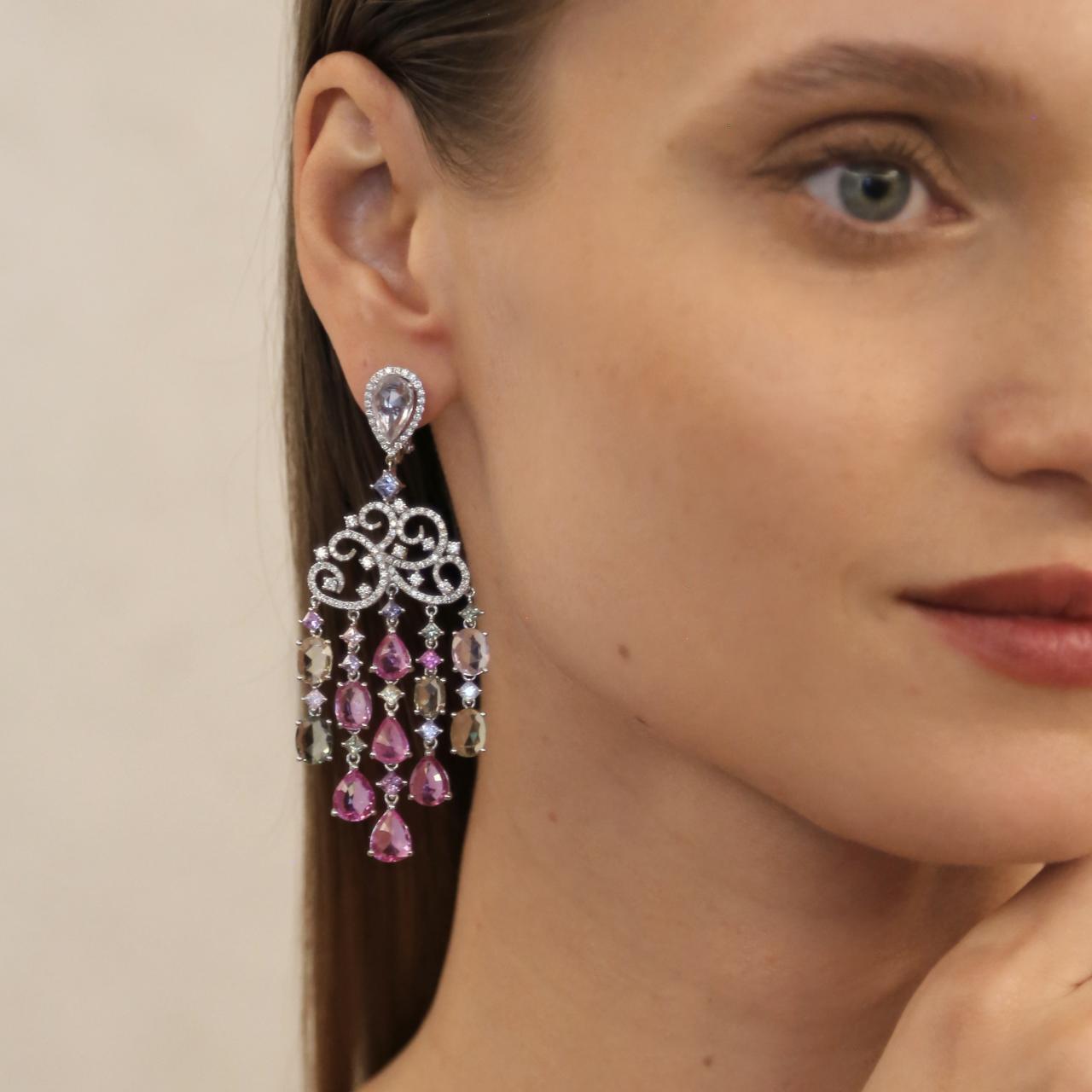 Diamond & Multicolored Sapphire Chandelier Earrings - K.S. Sze & Sons