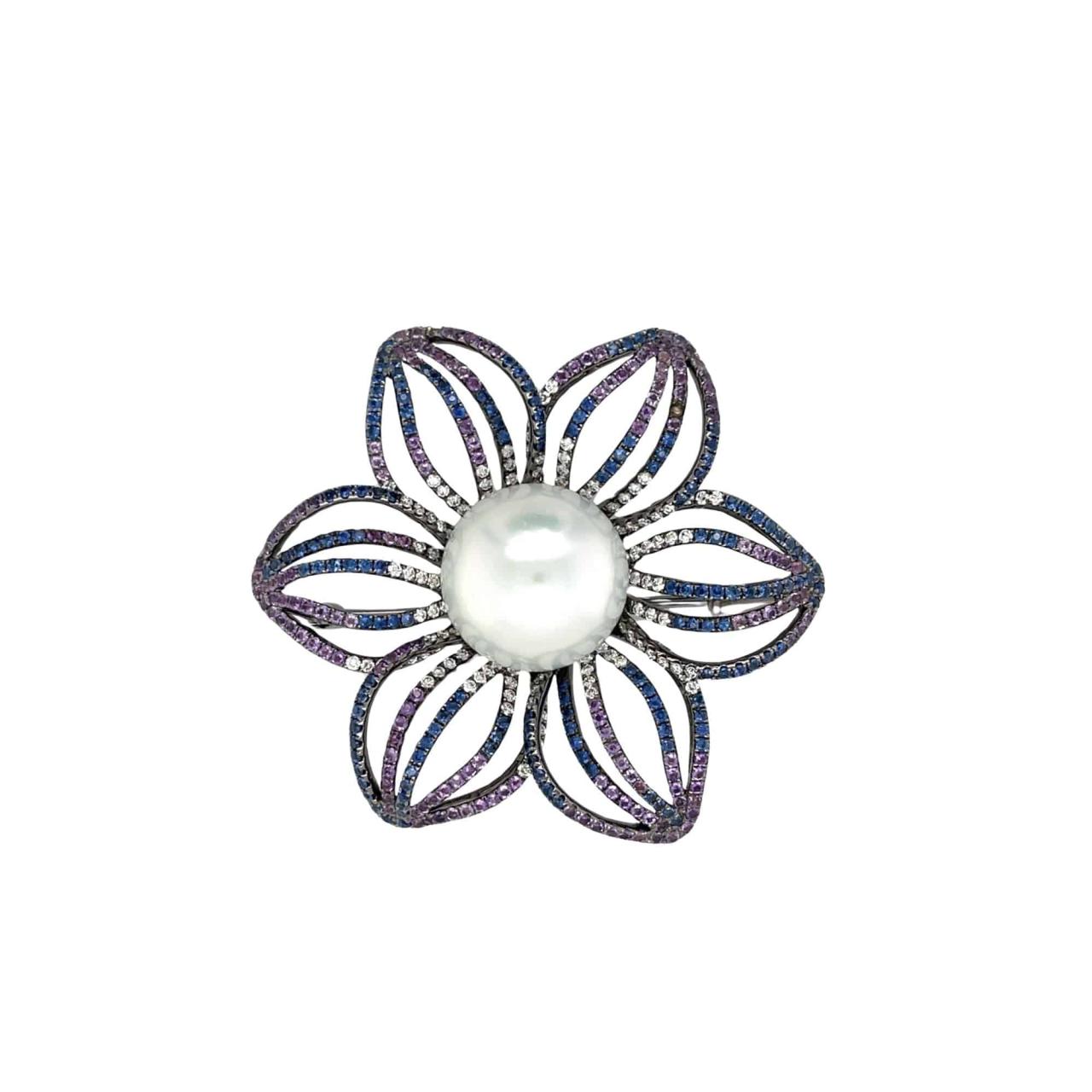 South Sea Pearl, Amethyst & Sapphire Floral Brooch - K.S. Sze & Sons